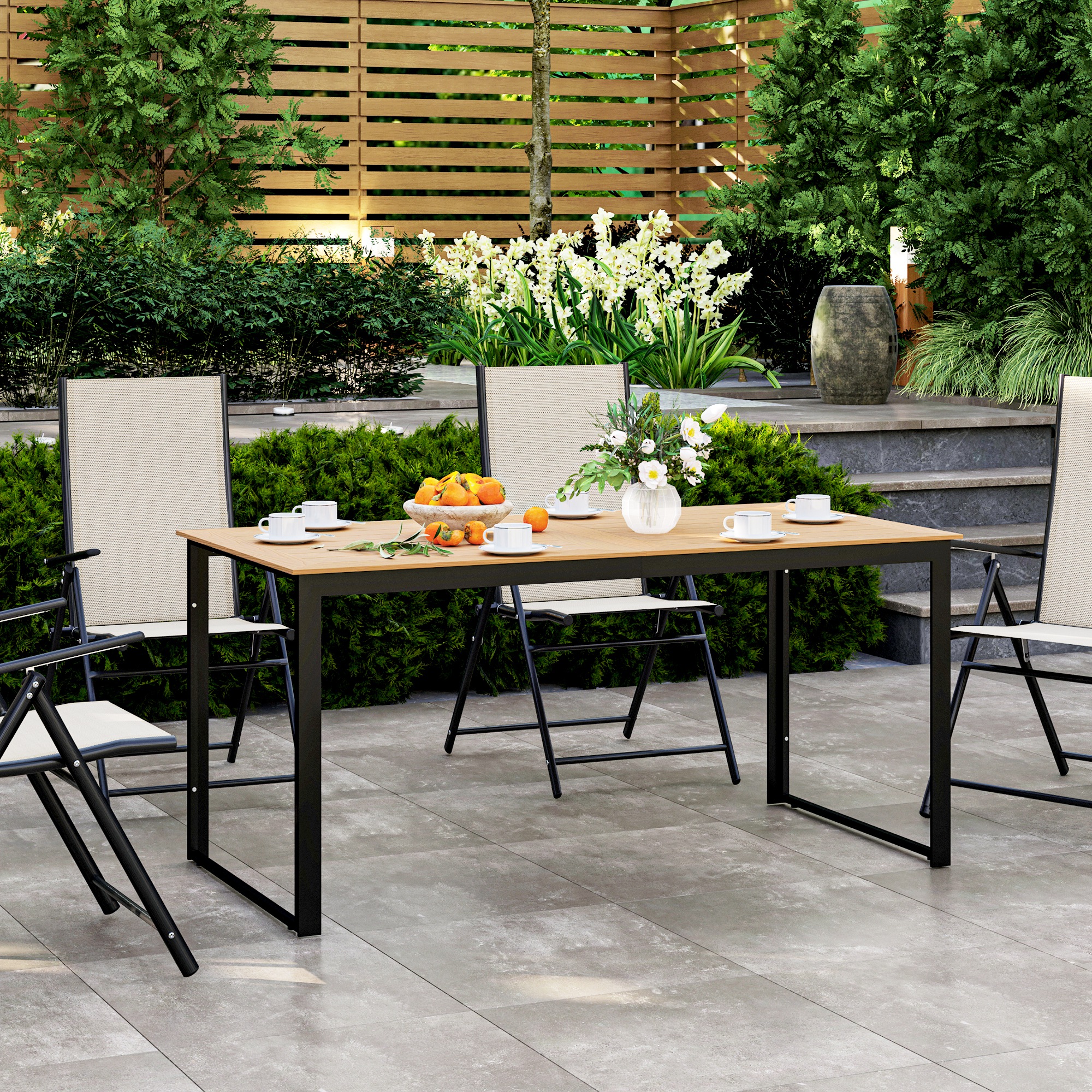 Outsunny Weerbestendige Tuintafel voor 6 - 160 x 80 cm met Lamellen-Tafelblad, Buitentafel in Teak Look