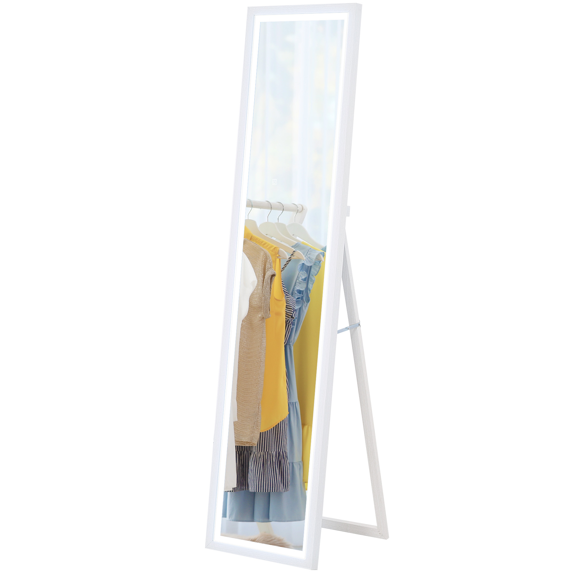 HOMCOM Volledige lengte spiegel, 40x160 cm, LED-verlichting, Touchbediening, dimbaar, 3 kleuren, Wit