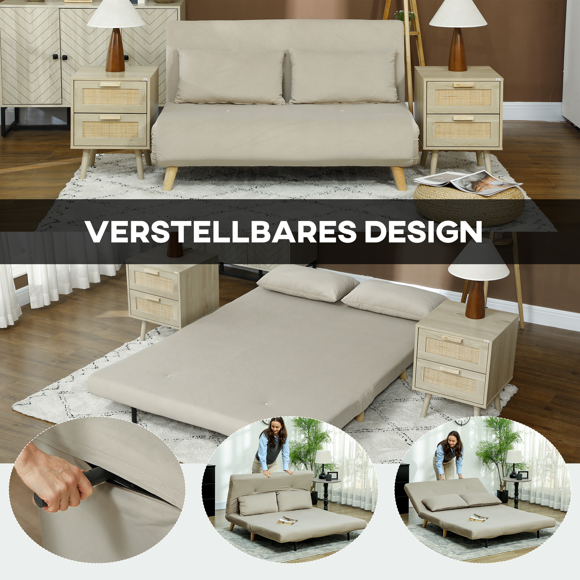 HOMCOM Slaapbank Relaxbank Sofa Couch, Incl. 2 Kussens, Fluweeloptiek, 130 x 78 x 79 cm, Beige