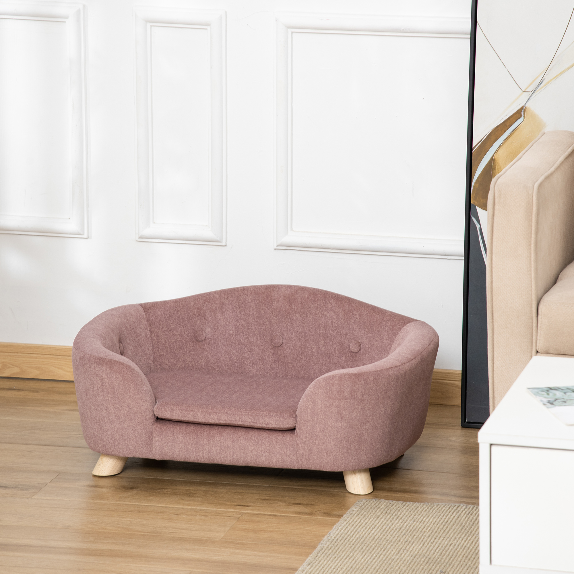 PawHut hondenbank hondenmat hondenmand hondenbank hondenbank katten bank met kussen achterzak pluche schuim grenen hout roze 70 x 47 x 30 cm