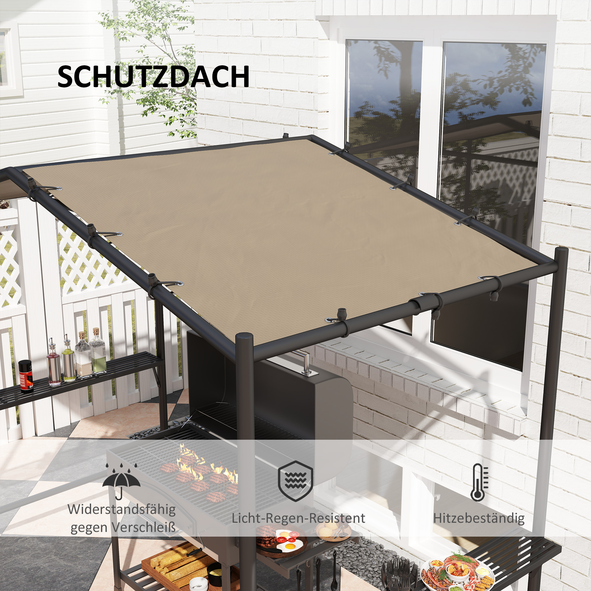 Outsunny Grilltent Grilldak, weerbestendig, incl. Zijplanken, 277 x 149 x 230 cm, Khaki