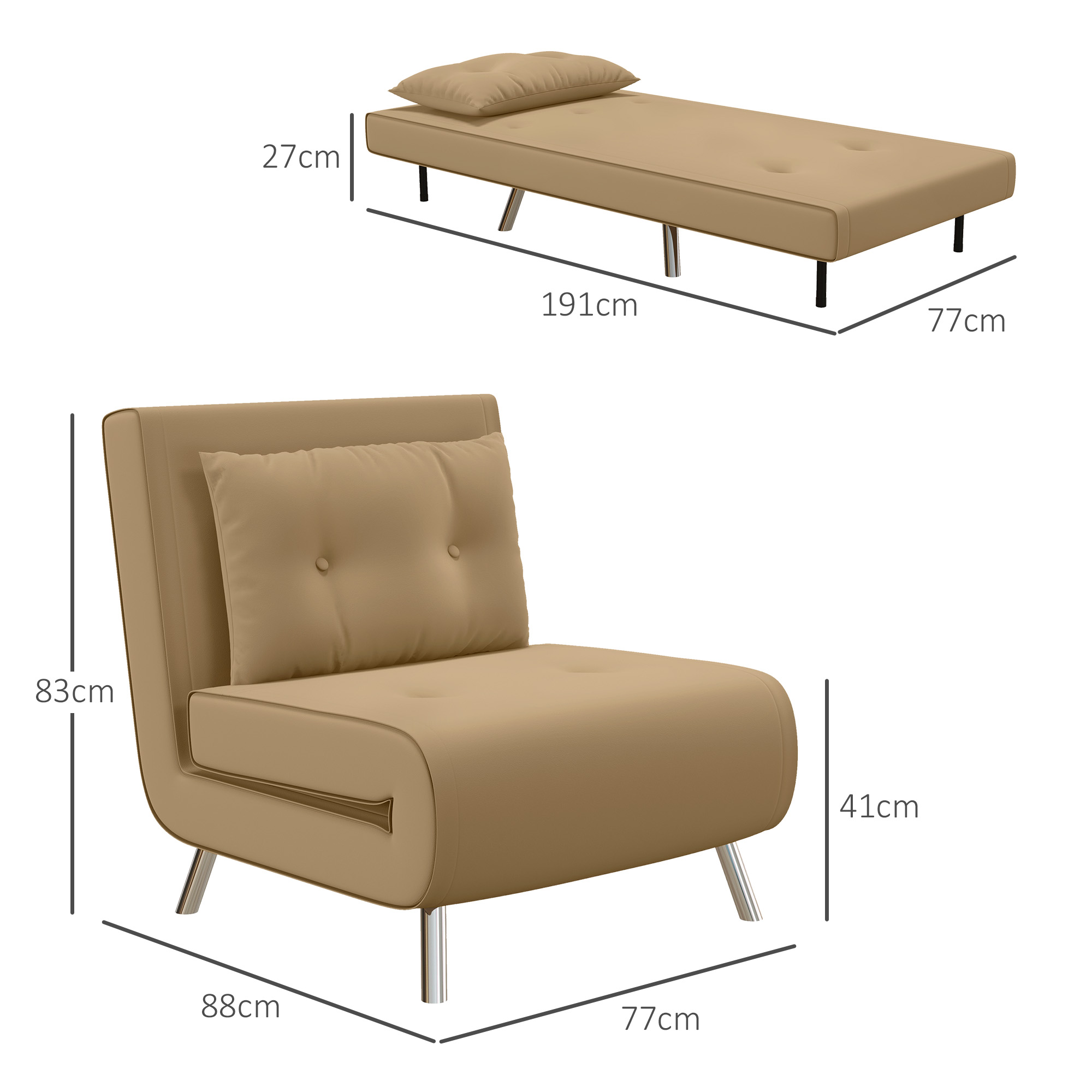 HOMCOM Ligstoel Stoel met Ligfunctie Slaapstoel, Knoopsgatensteek, Linnenlook, 77 cm x 88 cm x 83 cm, Bruin