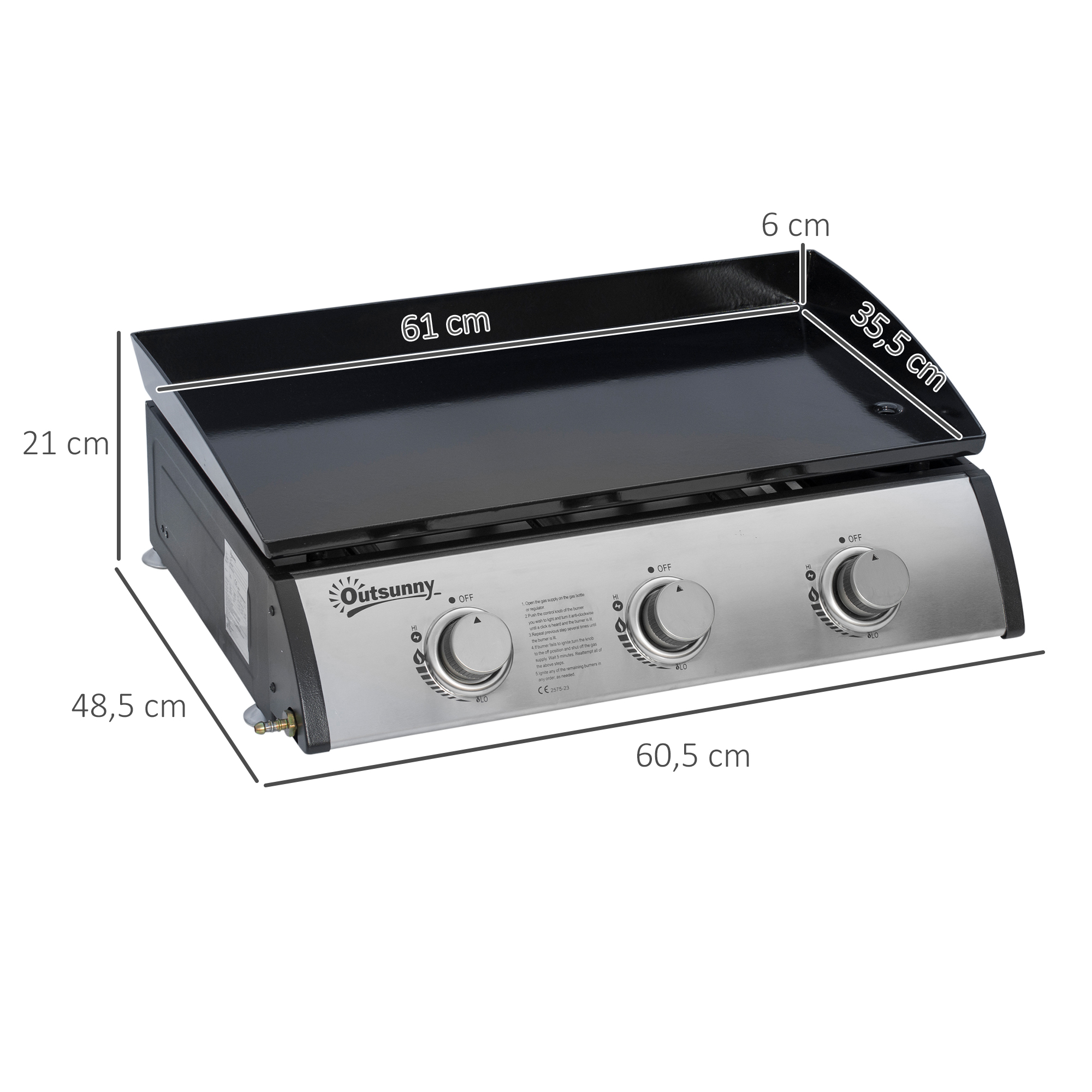 Outsunny Gasgrill met 3 Branders, Slang, Anti-aanbak Grillplaat, Roestvrijstaal, Kleur: Zilver, 63 x 48 x 21 cm