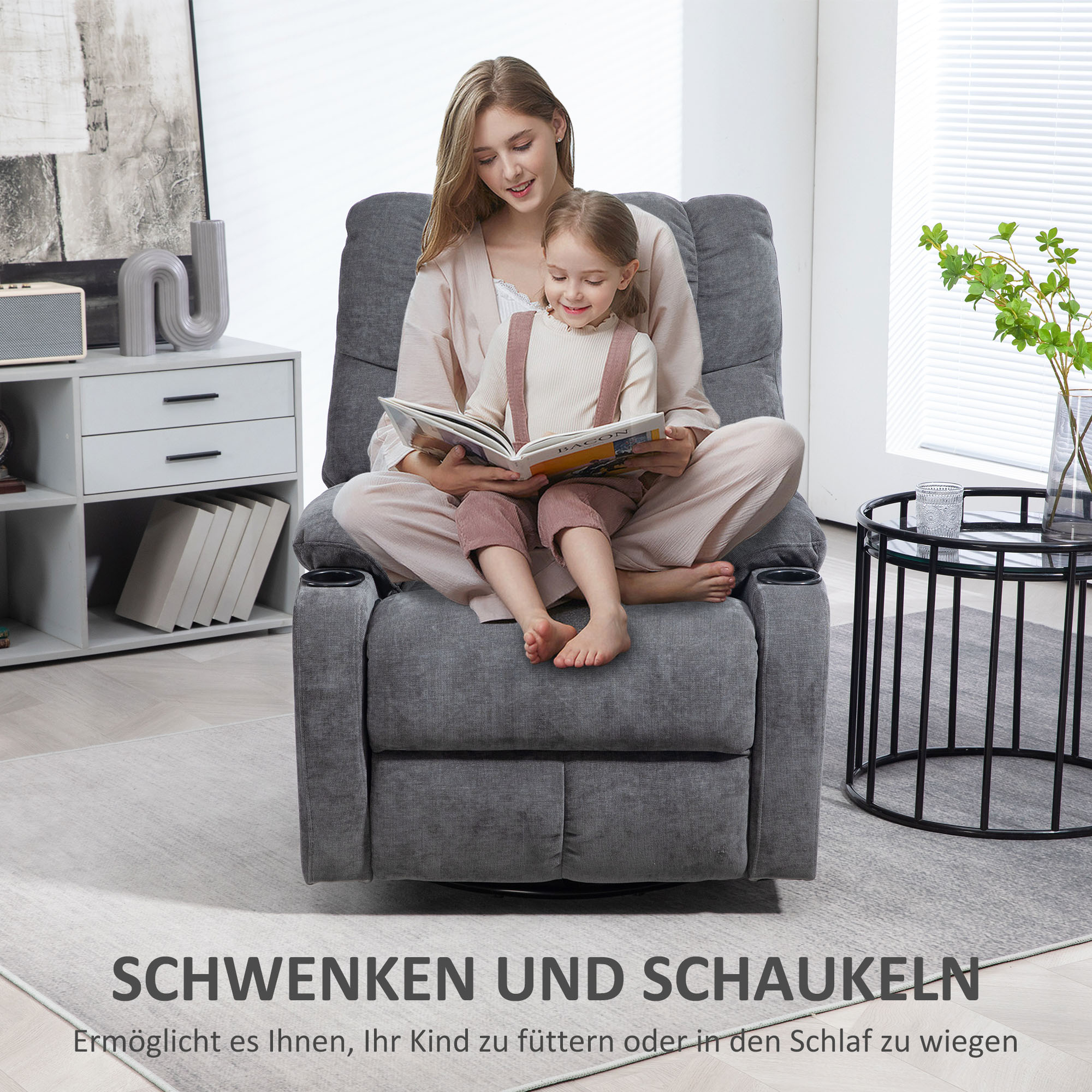 HOMCOM Relaxstoel met Voetsteun, Ligstoel, Draaibaar, tot 150 kg, Stalen Frame, 88x96x108cm, Donkergrijs
