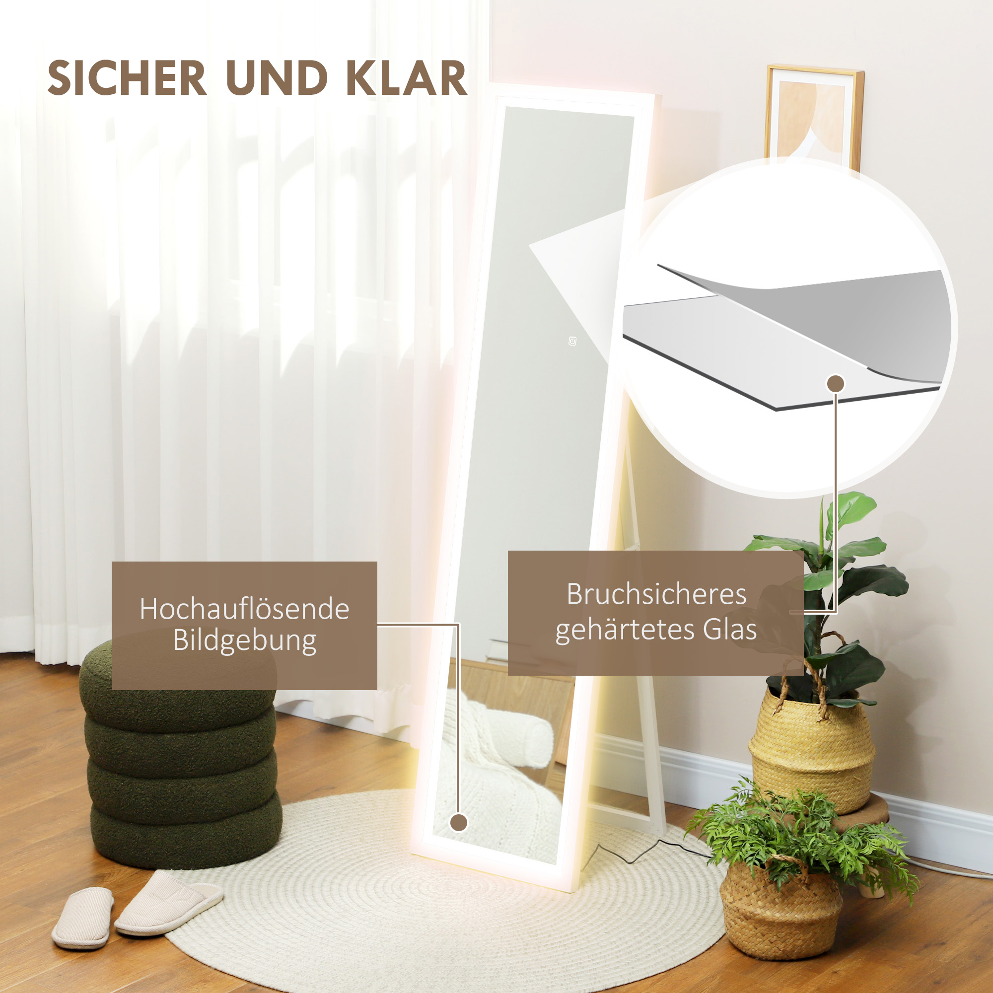 HOMCOM Volledige lengte spiegel, 40x160 cm, LED-verlichting, Touchbediening, dimbaar, 3 kleuren, Wit
