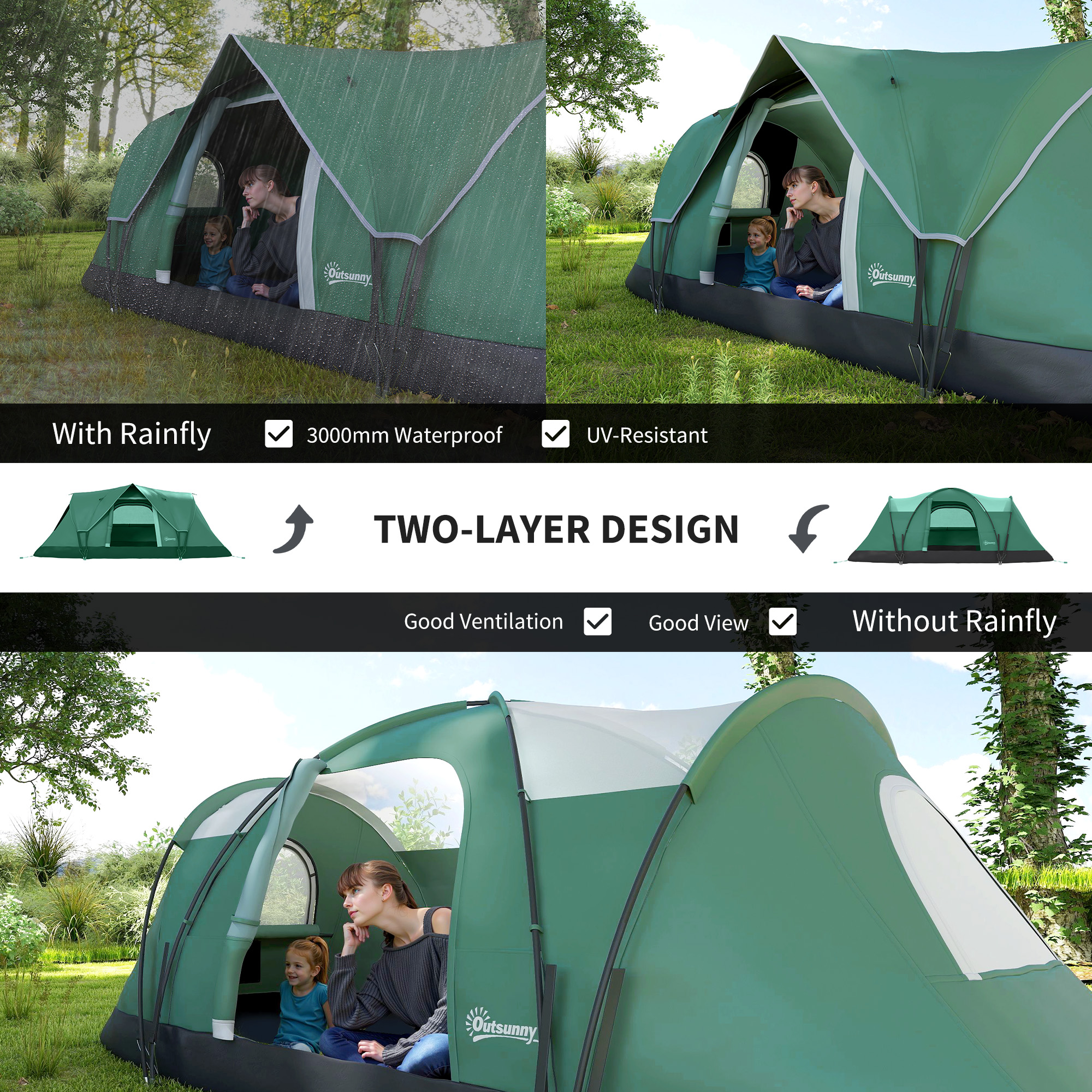 Outsunny Familietent voor 5-6 personen, met lampenhaak, zijvakken, 4,55x2,3x1,8m, Groen/Zwart