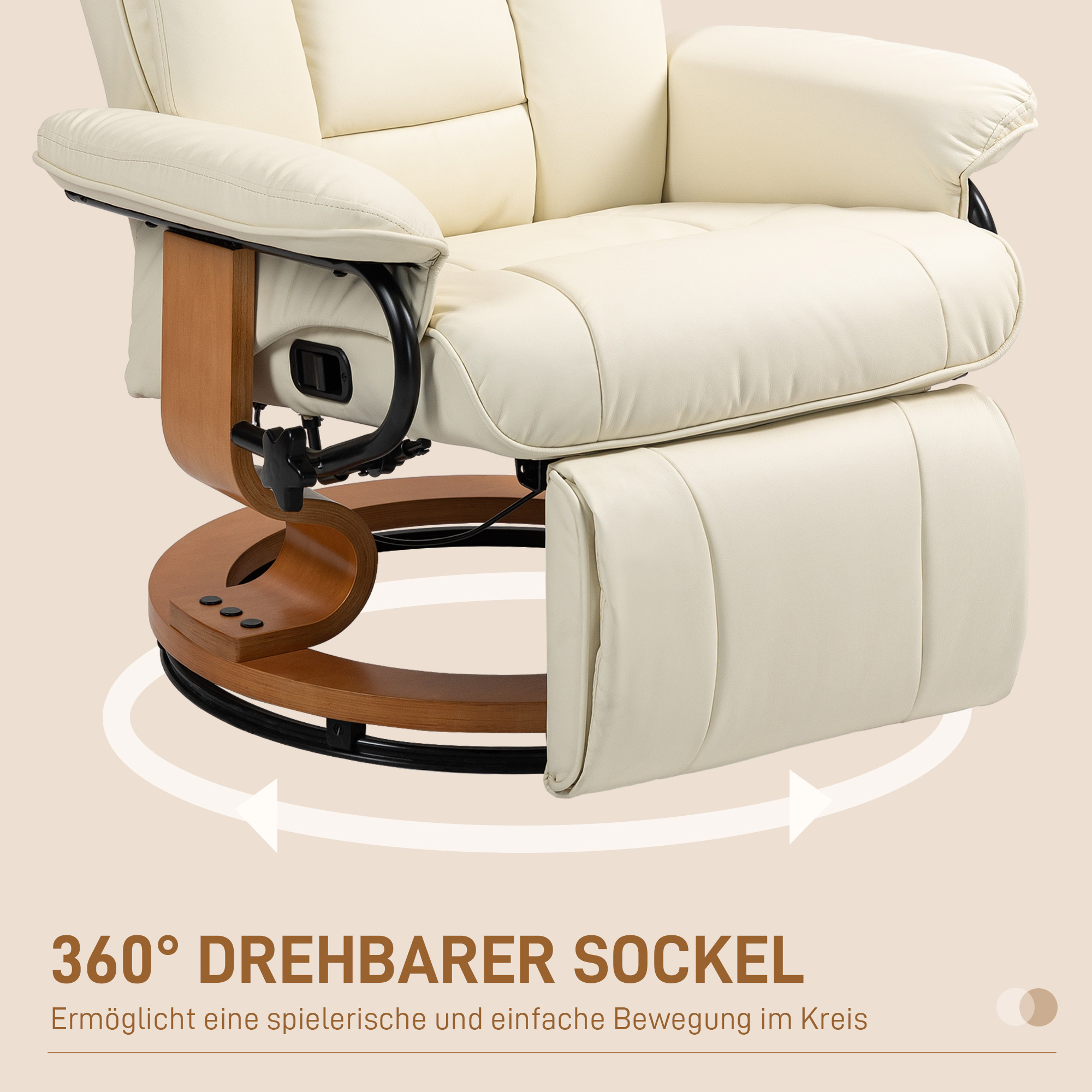 HOMCOM Relaxstoel met Ligfunctie, Draaibaar, tot 150 kg, Kunstleerbekleding, Stalen Frame, Crèmewit