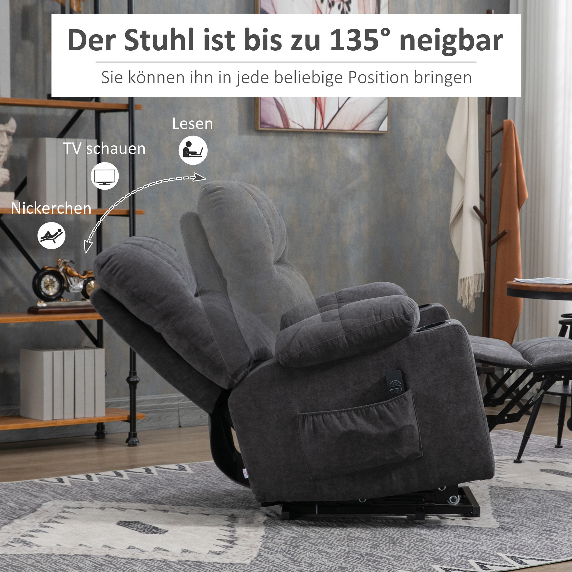 HOMCOM Opstaan hulp seniorenstoel, ligfunctie, inclusief afstandsbediening, 144 cm x 91 cm x 88 cm, Donkergrijs