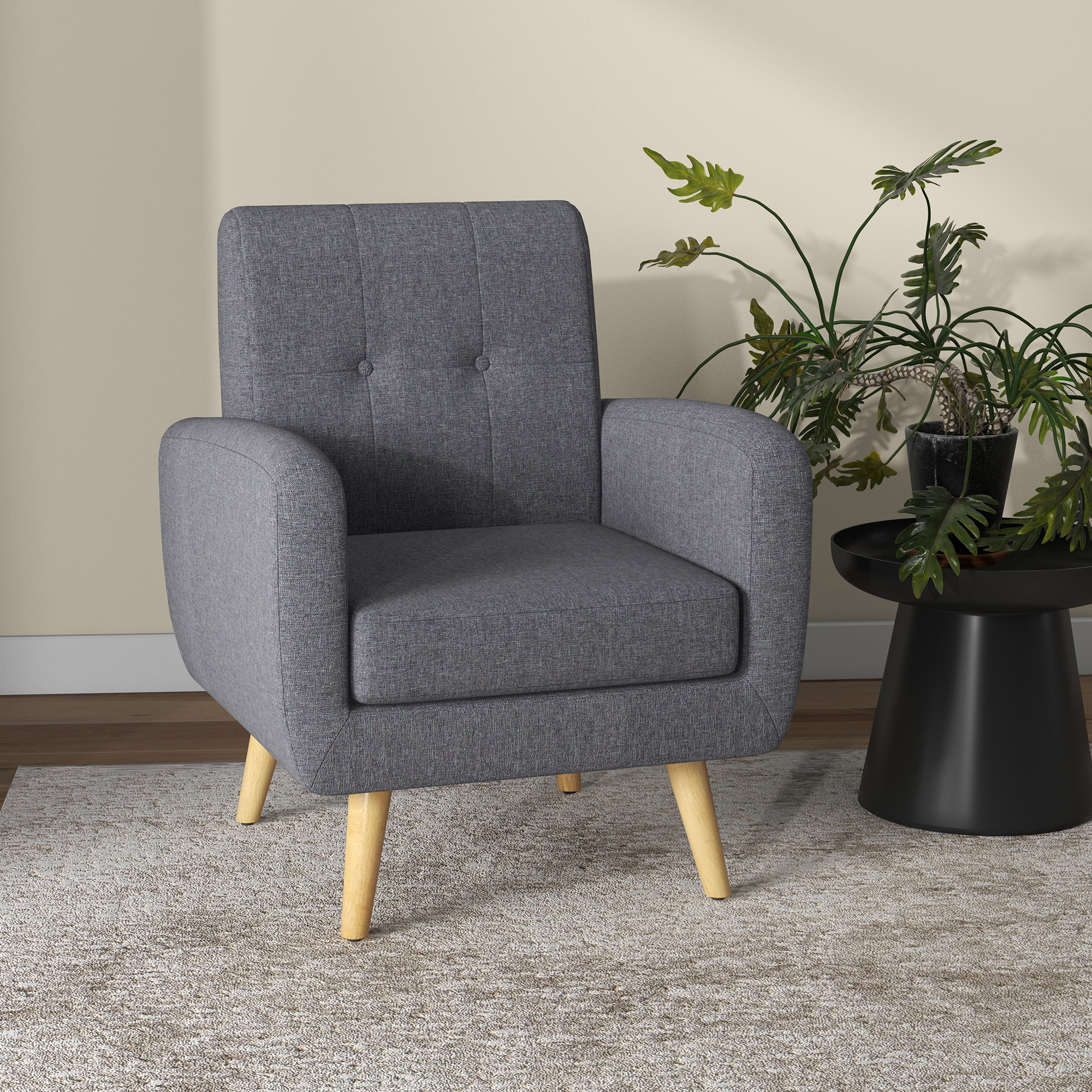 HOMCOM Fauteuil in Scandinavisch design, accentfauteuil, knoopstiksel, natuur + lichtgrijs