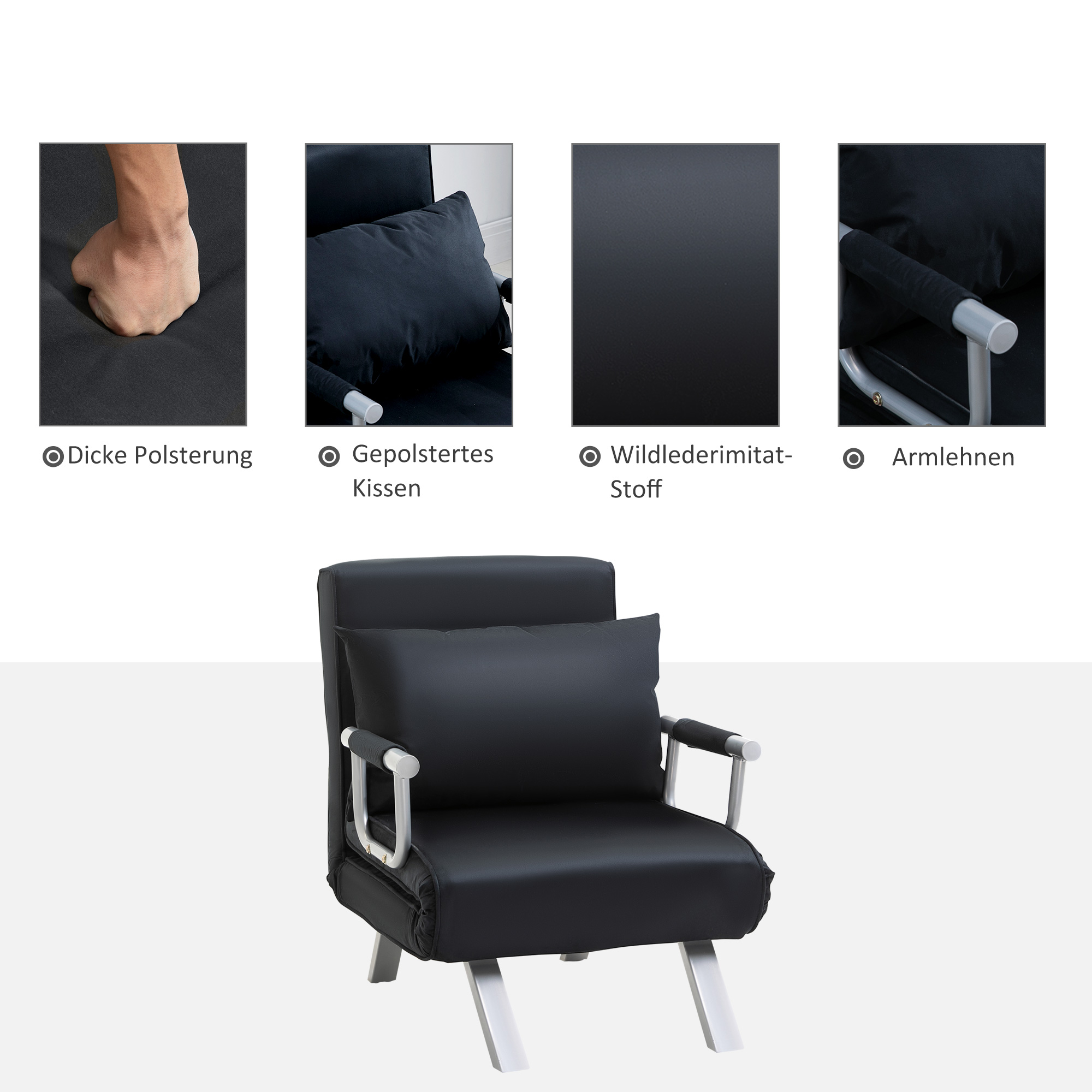 HOMCOM 3-in-1 slaapbank, logeerbed, fauteuil inclusief kussens, zwart