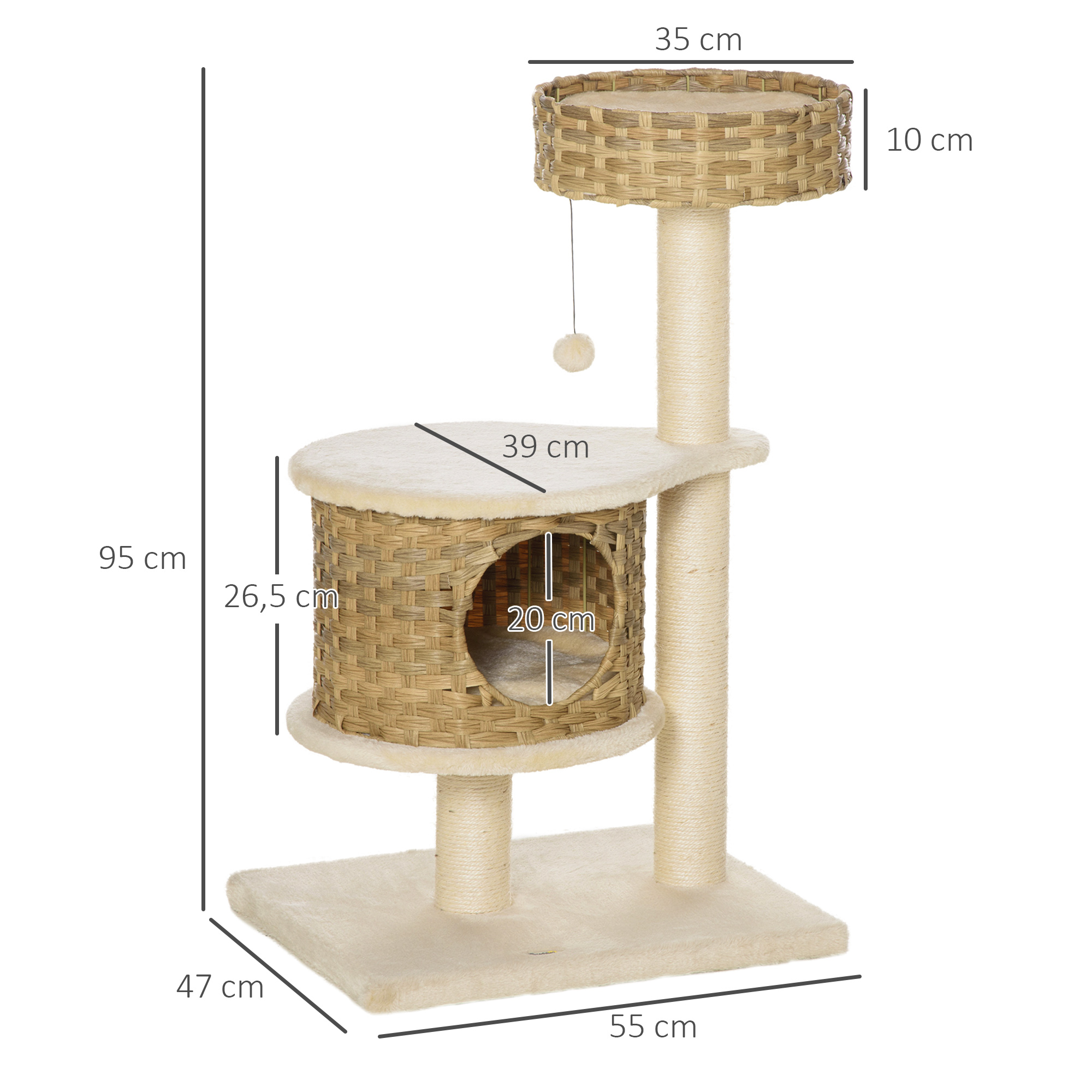 PawHut krabpaal kattenboom klimboom met sisalpalen stabiel met grotten speelballen speelsisal hoogte 95 cm spaanplaat sisal fluweelzacht polyester PE naturel + beige 55 x 47 x 95 cm