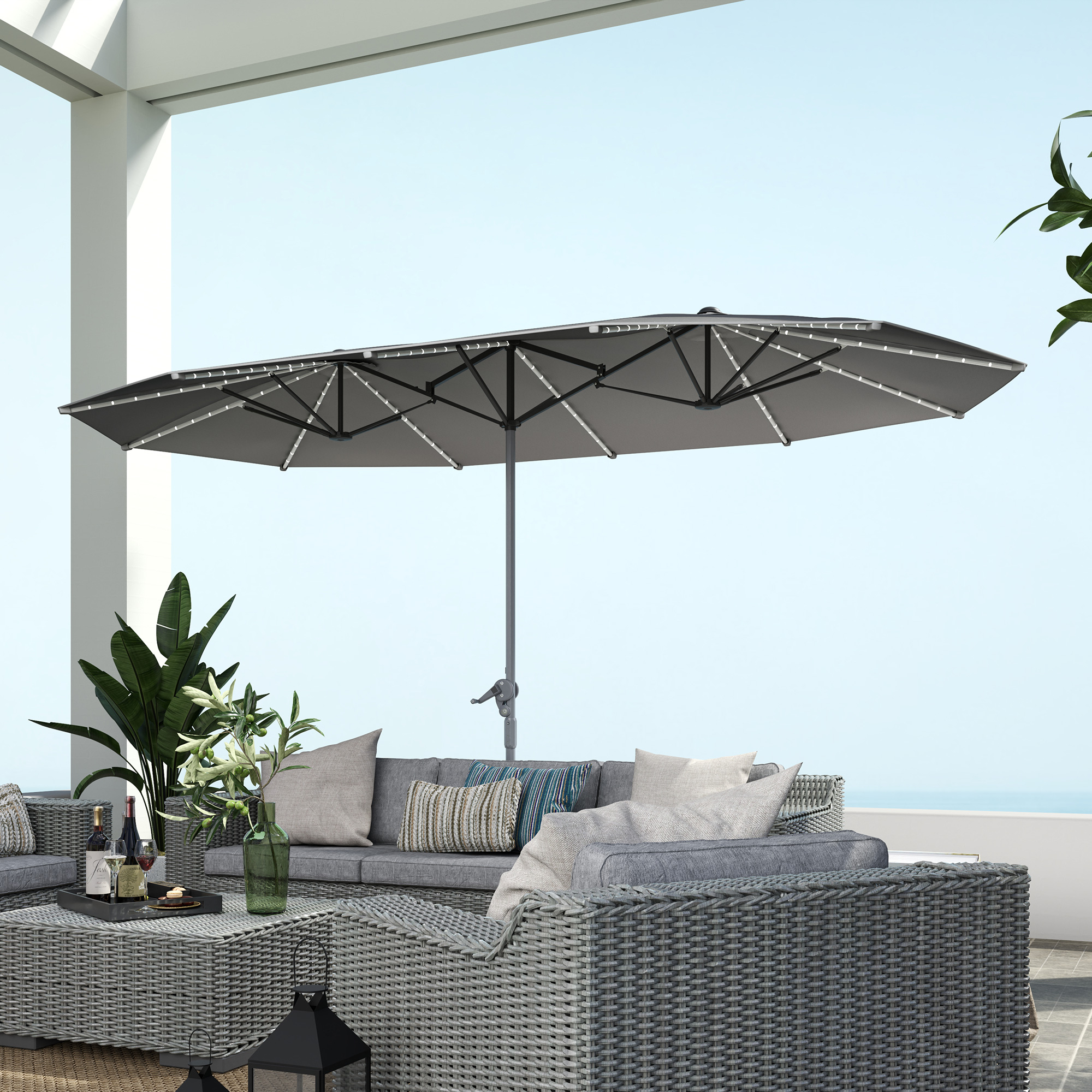 Outsunny Dubbele Parasol met Zonne-energie Verlichting, Aluminium, Polyester, UPF50+ Bescherming, UV-bestendig, Terras Parasol, Donkergrijs