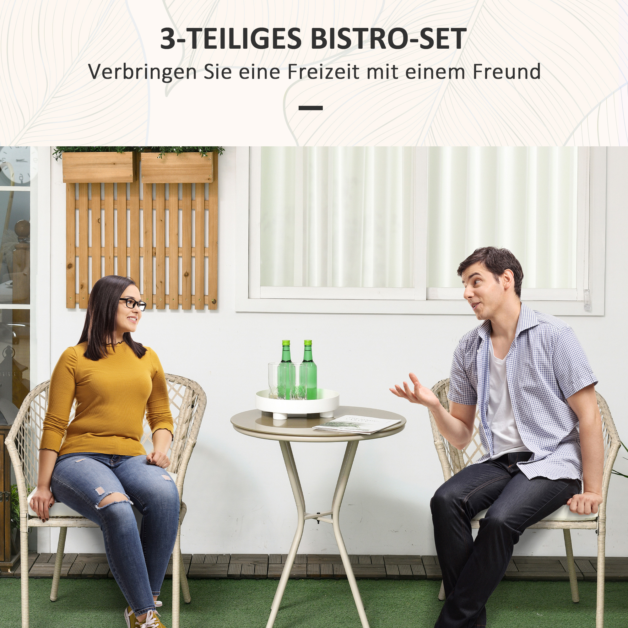 Outsunny Rattan Tuinmeubelset, 2 Stoelen en Tafel, Gehard Glas Tafelblad, PE Rattan, Zitkussens, Metalen Frame, Khaki