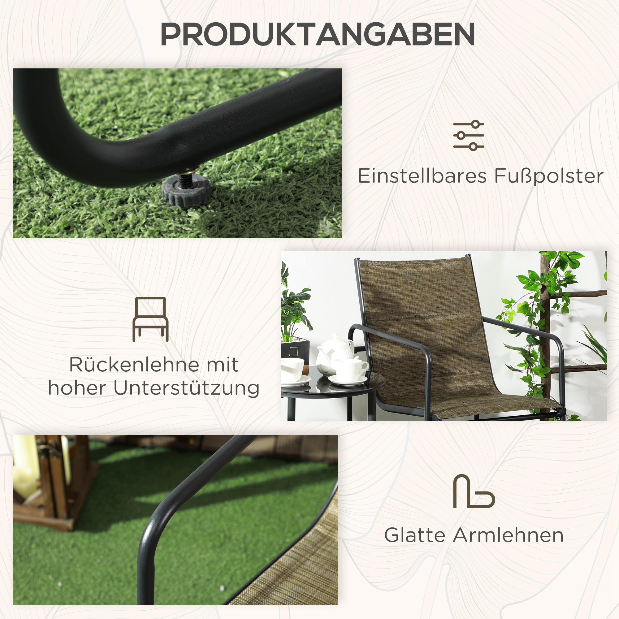 Outsunny Tuinstoel, 2-delige set, ademende bekleding, stevig metalen frame, 54x66,5x88cm, Zwart/Bruin