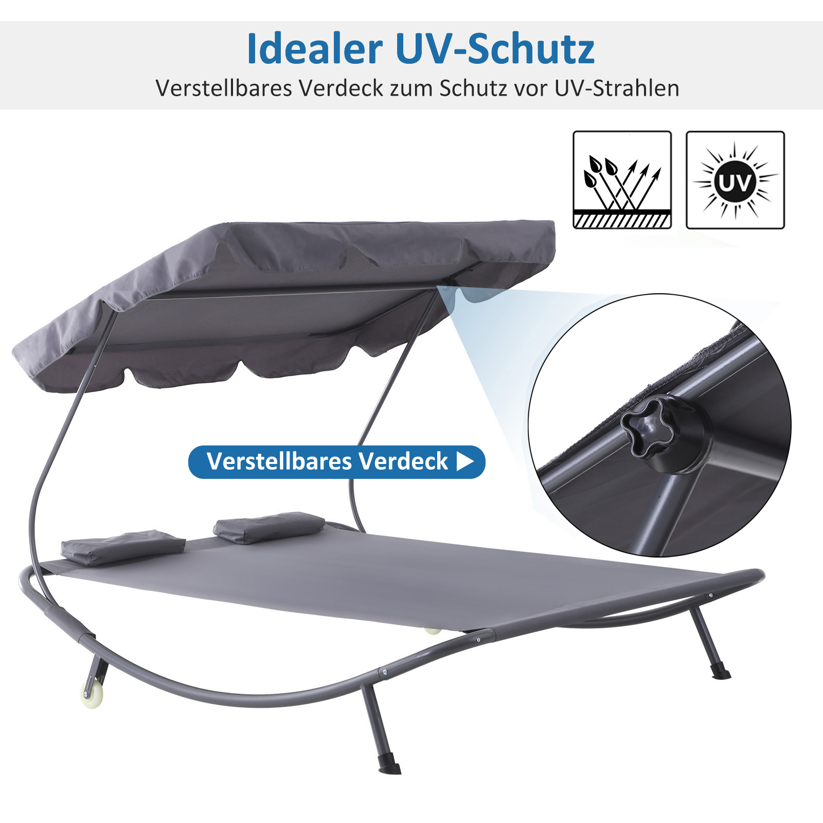 Outsunny Dubbele ligbank ligbed relax lounger met zonnedak rolbaar staal crèmewit / grijs