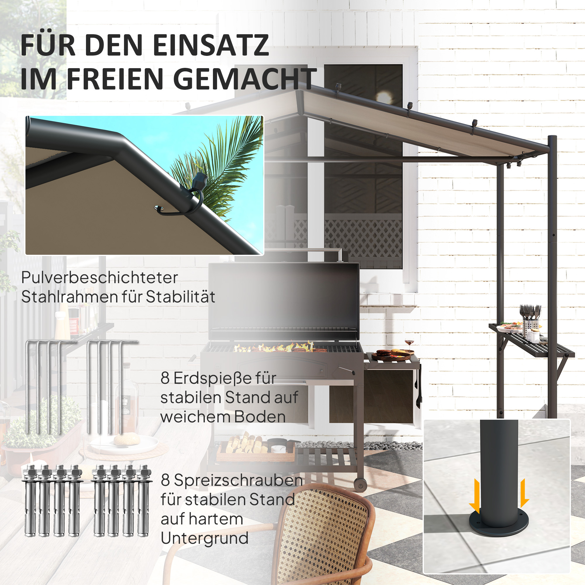 Outsunny Grilltent Grilldak, weerbestendig, incl. Zijplanken, 277 x 149 x 230 cm, Khaki