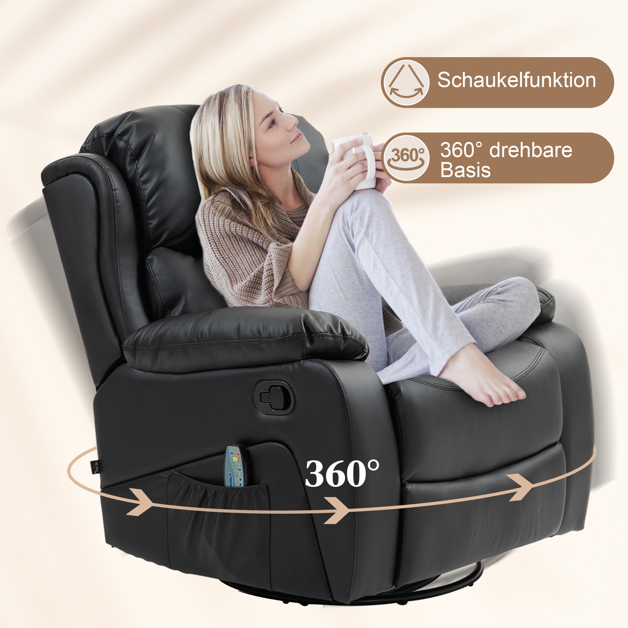 HOMCOM Massagestoel, Verwarm- & Ligfunctie, Kunstleer, tot 150kg, 97x92x104cm, Zwart