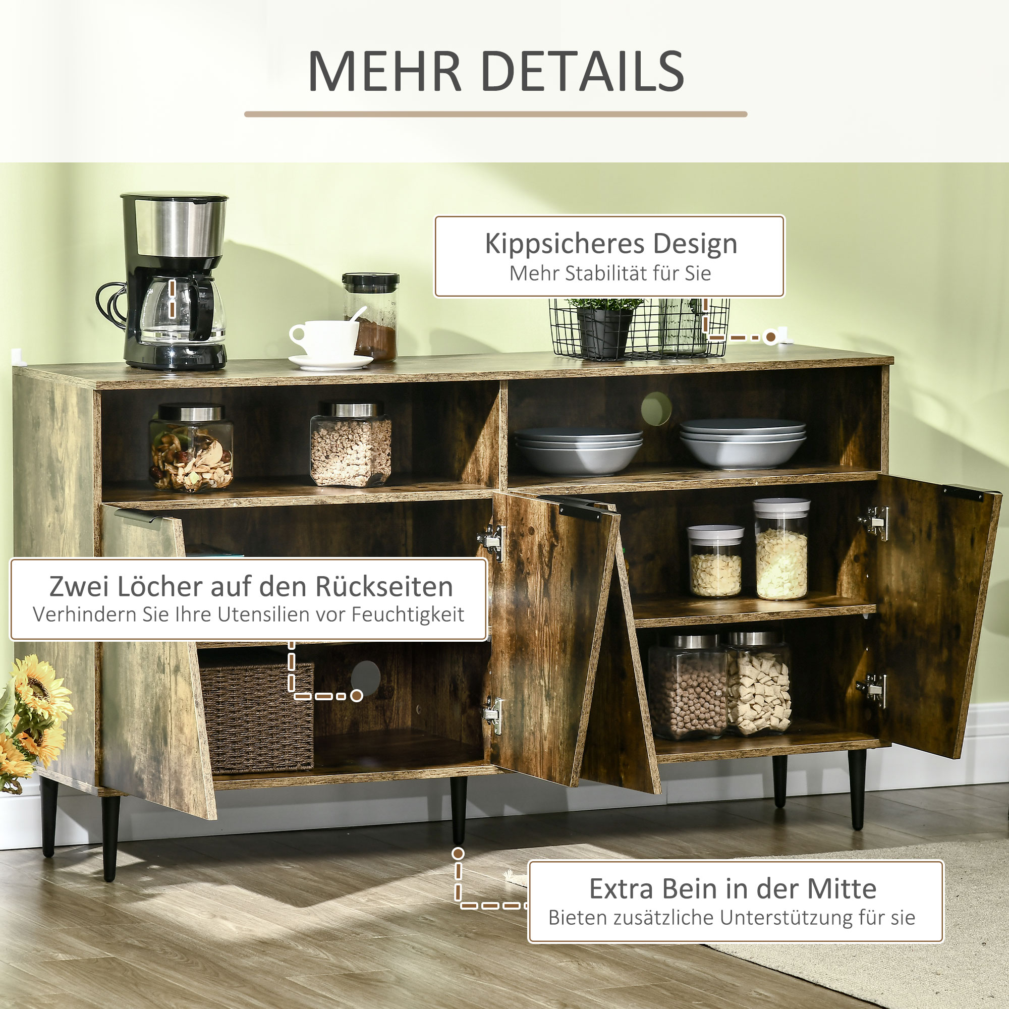 HOMCOM keukenkast dressoir opbergkast rustiek bruin + zwart