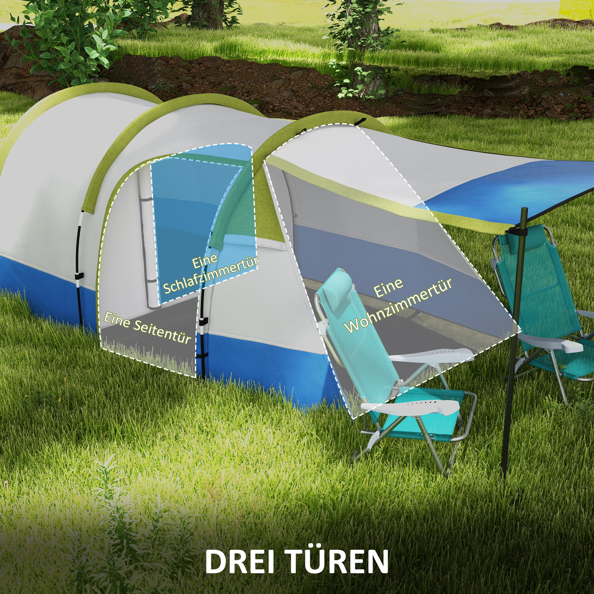 Outsunny Campingtent, voor 3 Personen, Lantaarnhaak, Drie Ingangen, Waterdicht, Groen