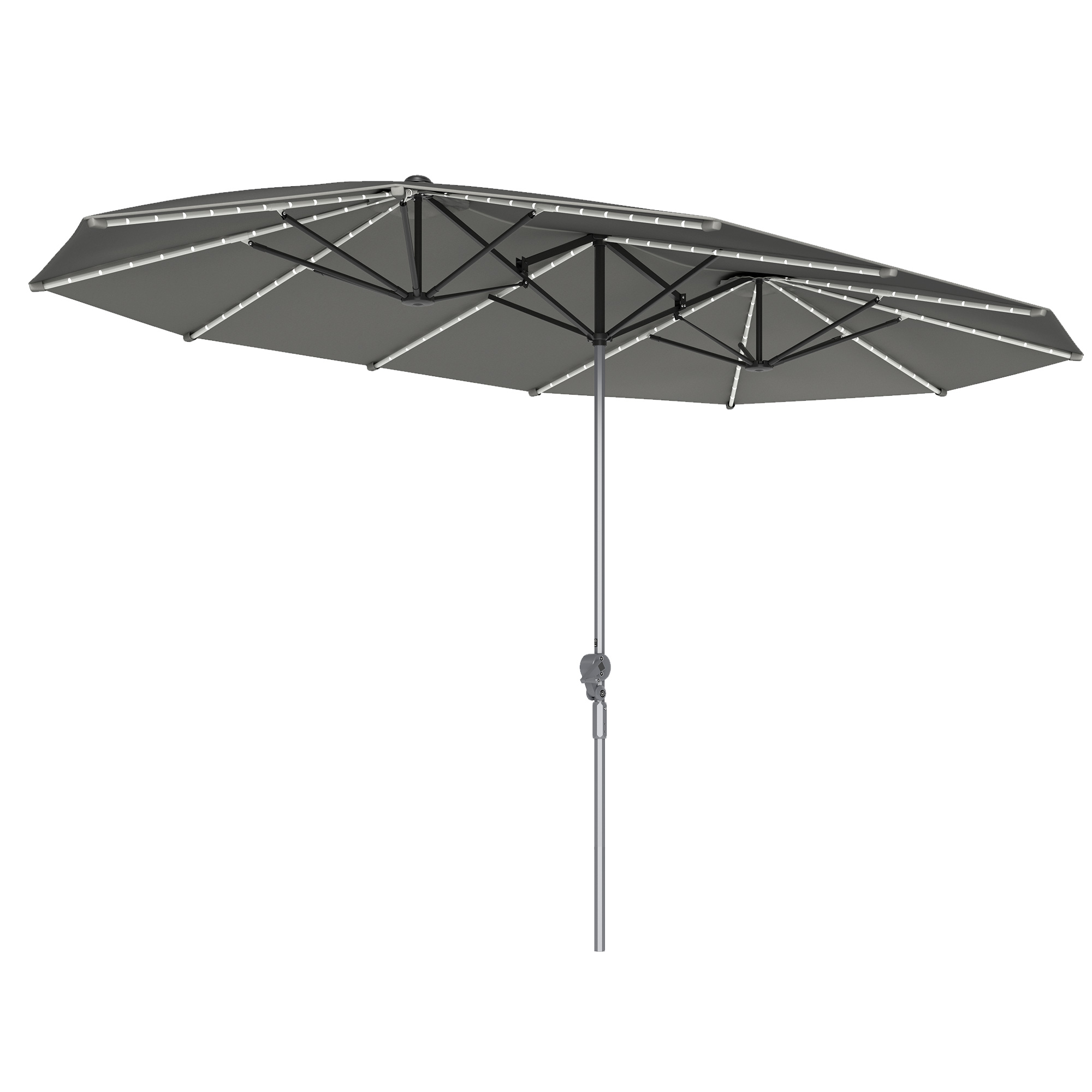 Outsunny Dubbele Parasol met Zonne-energie Verlichting, Aluminium, Polyester, UPF50+ Bescherming, UV-bestendig, Terras Parasol, Donkergrijs