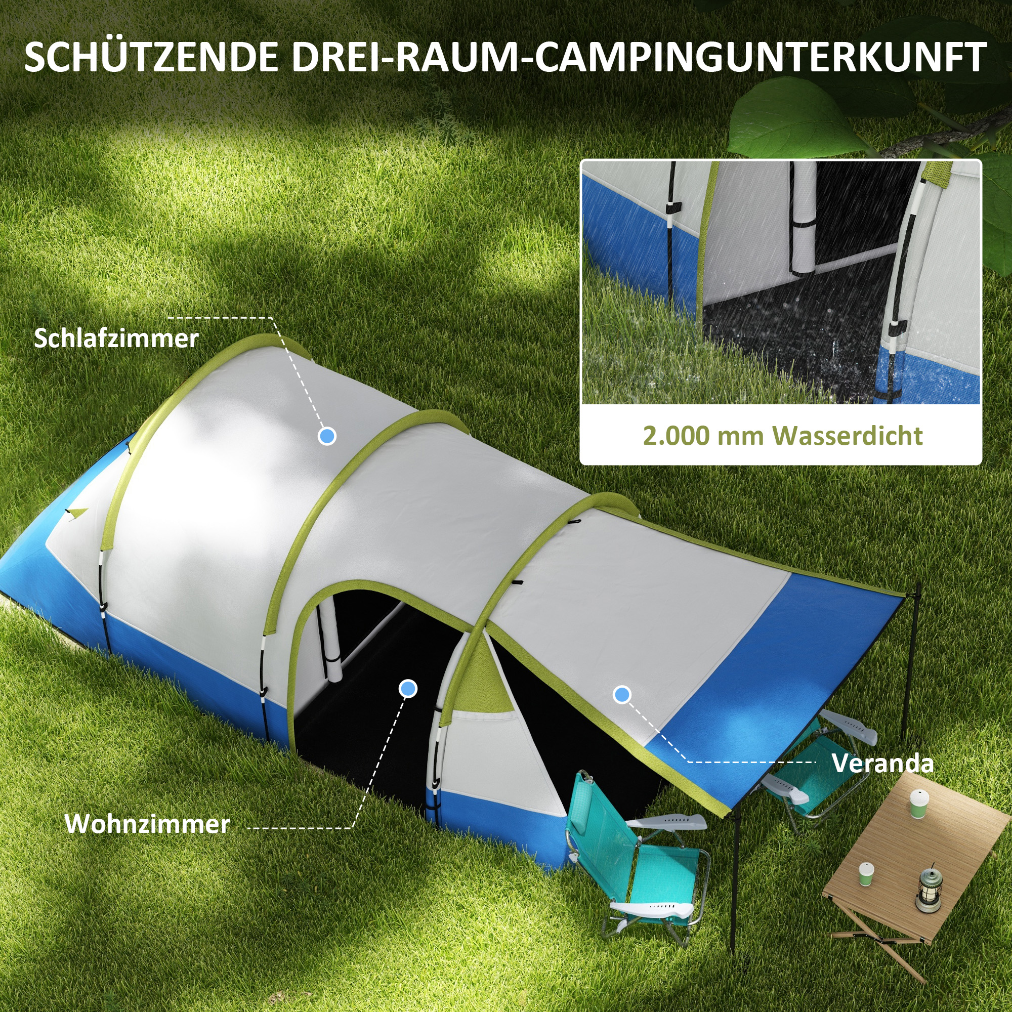 Outsunny Campingtent, voor 3 Personen, Lantaarnhaak, Drie Ingangen, Waterdicht, Groen