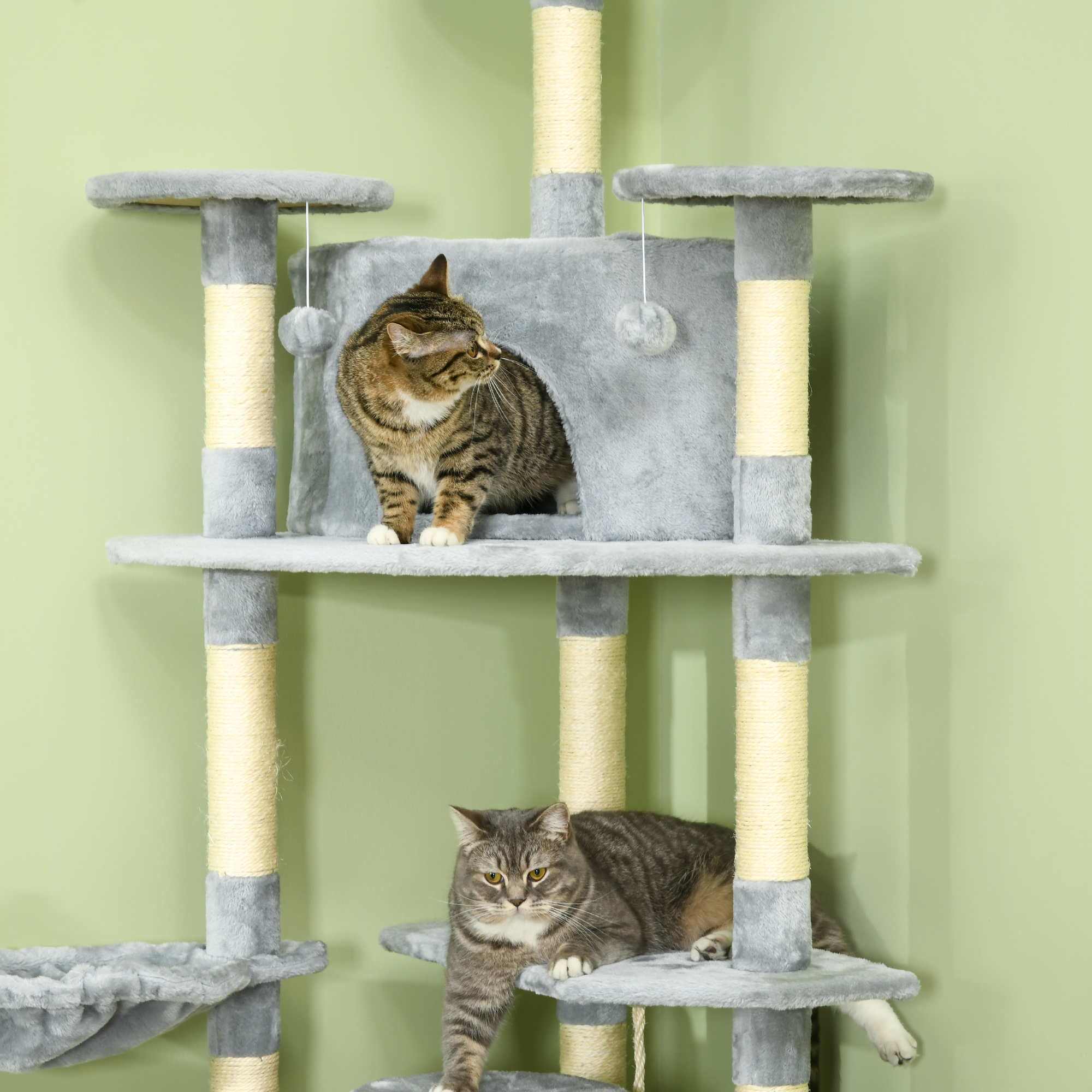 PawHut Krabpaal met 2 Hangmatten en 2 Kattenholen, Inclusief Speelgoed, Pluche en Sisaltouw - Lichtgrijs