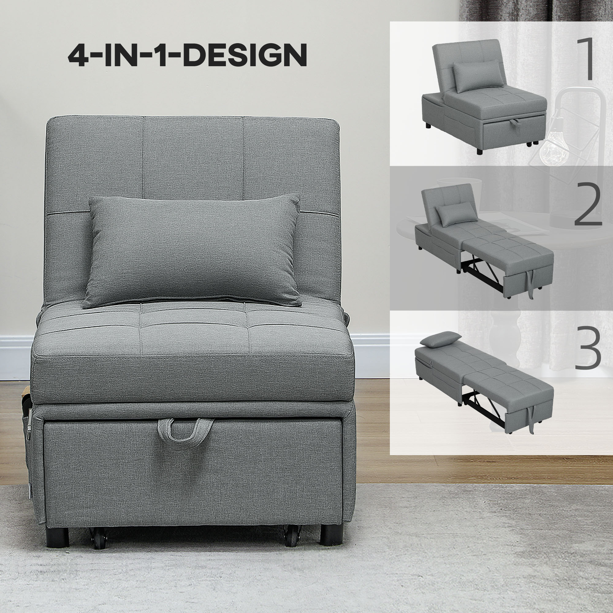 HOMCOM 3-in-1 Opklapbare Fauteuil met Zijvak, Gastenbed met Kussen, Verstelbare Rugleuning, Slaapstoel met Wielen, Lichtgrijs