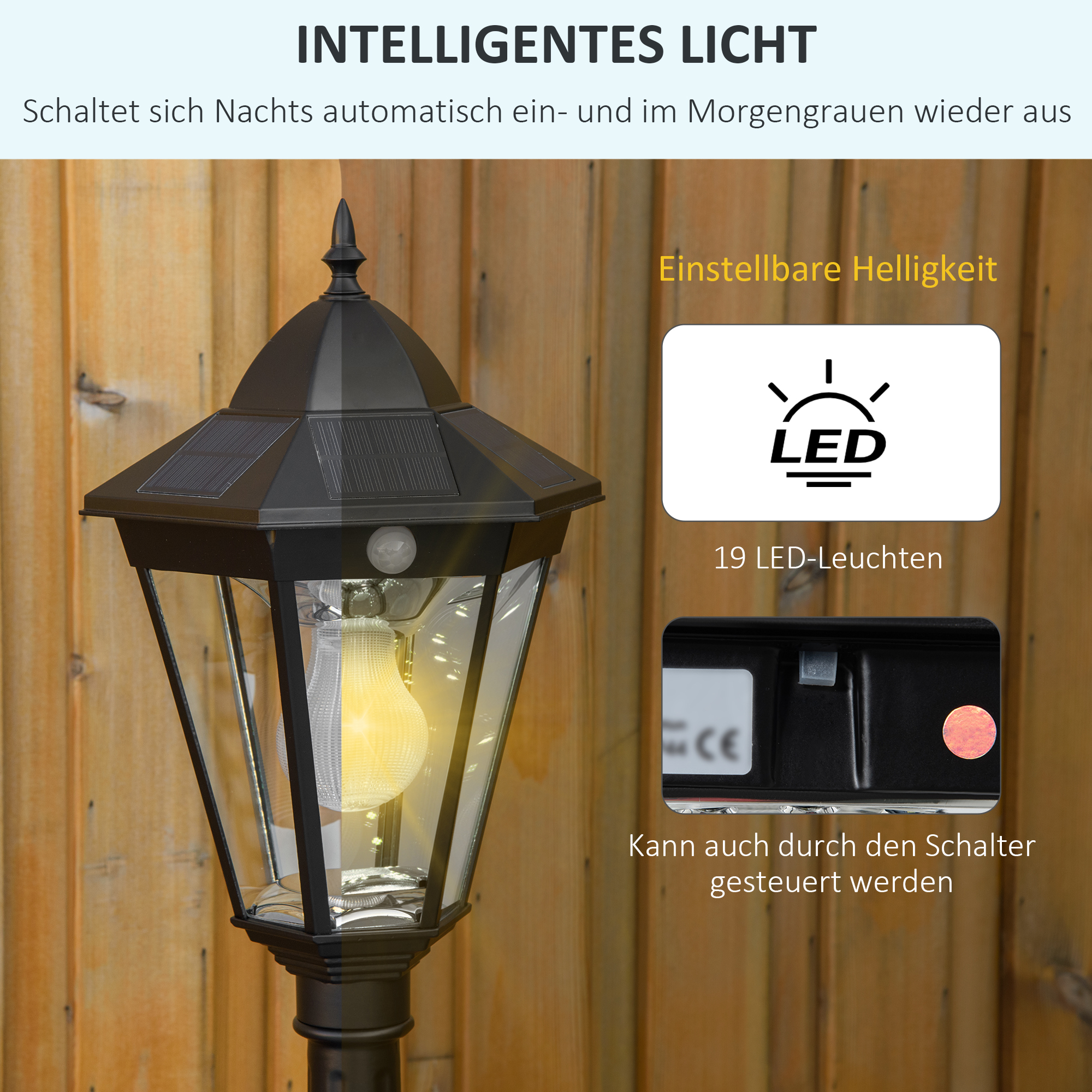 Outsunny Solar Tuinlantaarn Lantaarn Tuinlamp Pad Licht met 19 LED 130 Lumen 3000K Aluminium Gehard Glas Zwart 22 x 22 x 194 cm