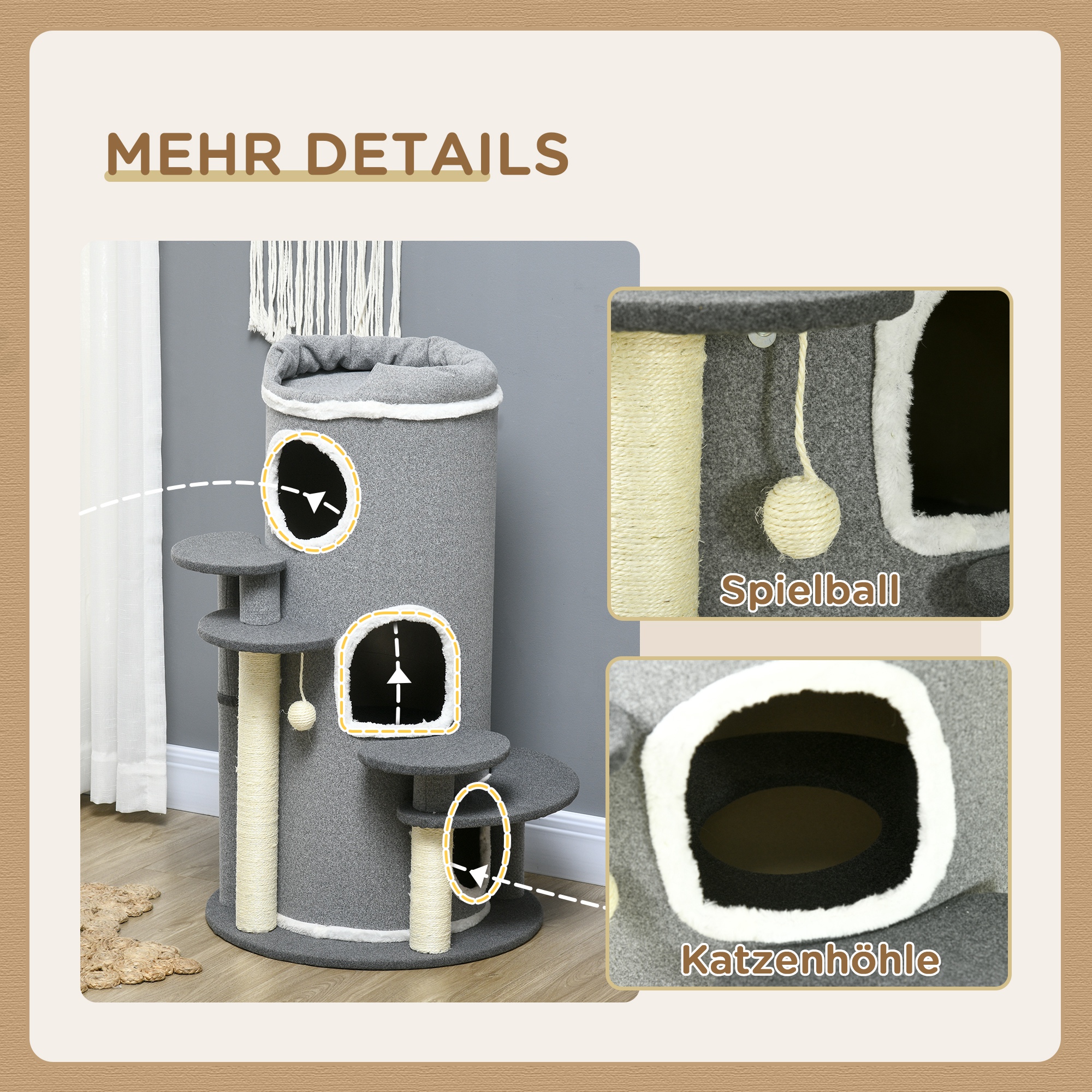 PawHut Kattenkrabpaal Krabton, 2 Kattenholen, 4 Ligplekken, 4 Krabpalen, 57 x 57 x 99 cm, Grijs + Wit