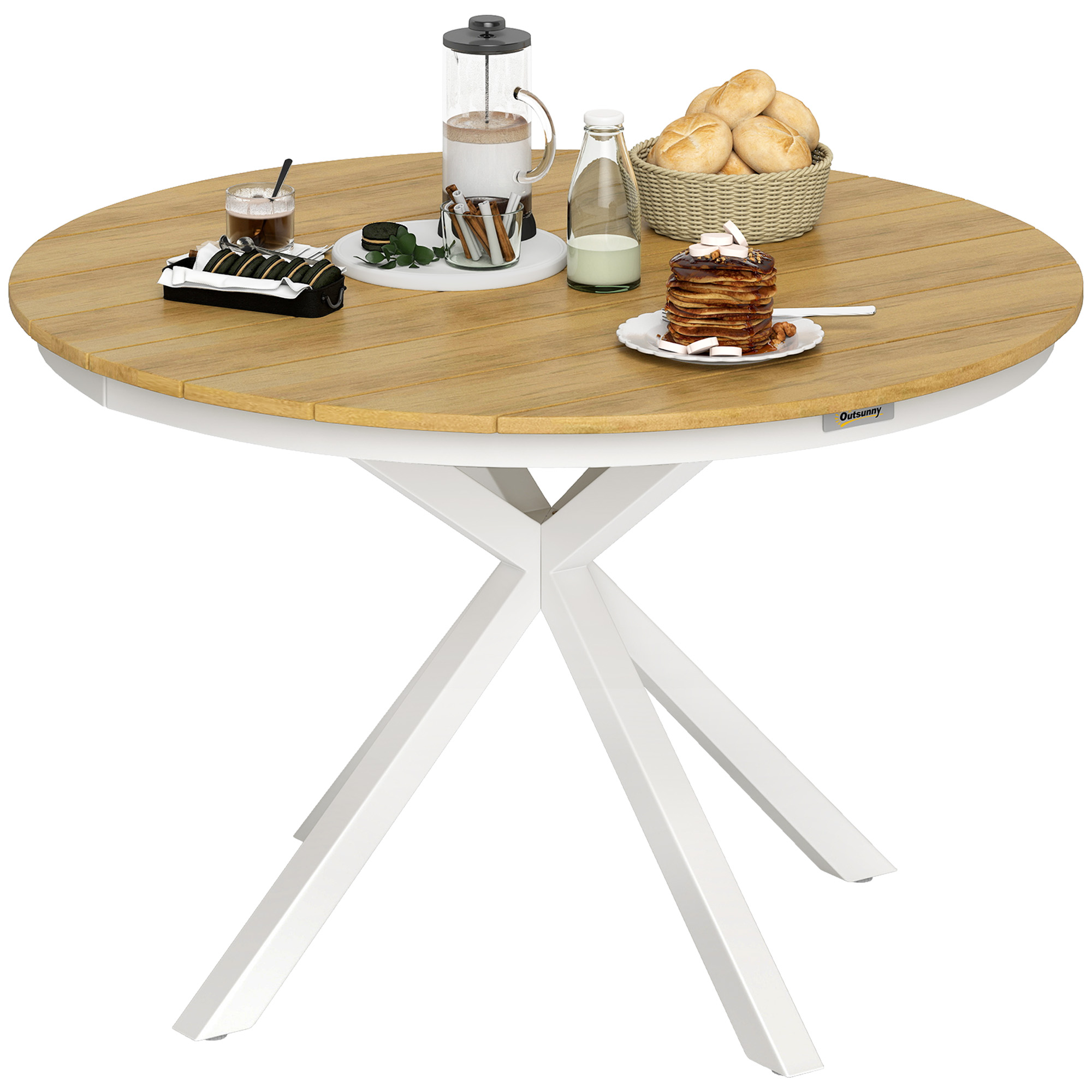 Outsunny Tuintafel Ø118cm, Weerbestendig Balkontafel uit Aluminium, Bijzettafel met Kruispoten Latontwerp Teak