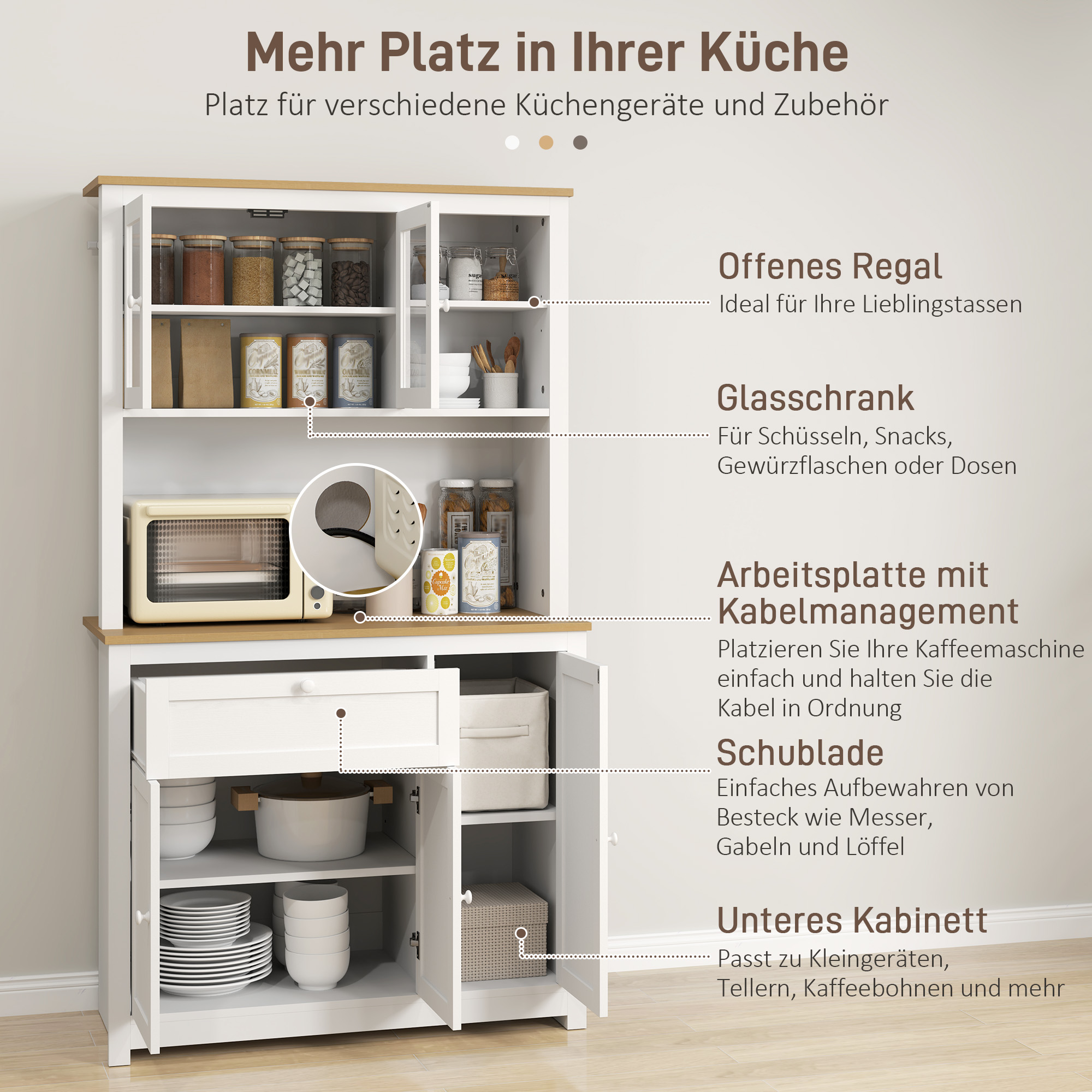 HOMCOM Landhuisstijl Keukenkast, 1 Vitrine, 1 Open Schap, 1 Lade, 2 Kasten, Natuur + Wit