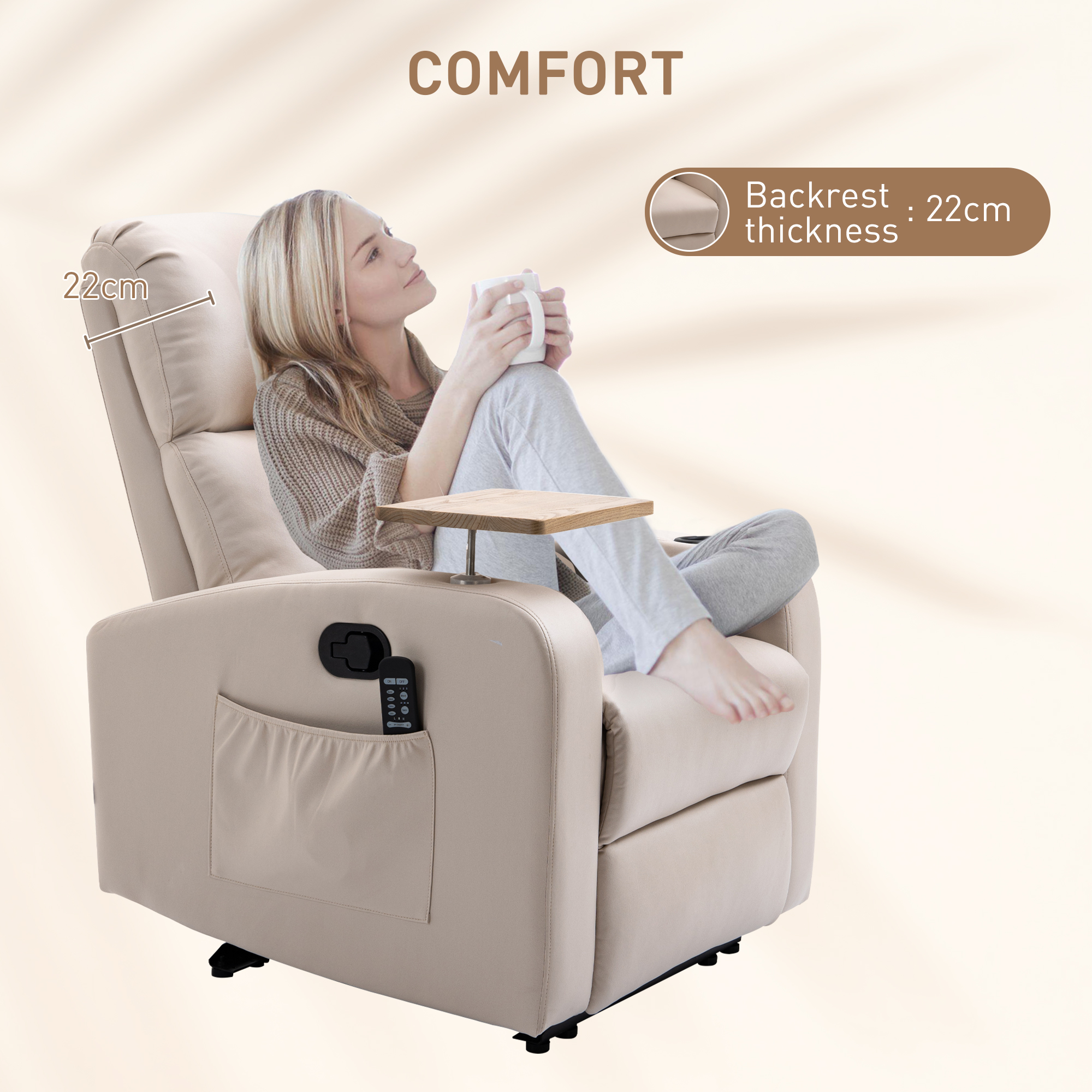 HOMCOM Massagestoel Relaxstoel Ligstoel, 1 Opklaptafel, 1 Voetensteun; 77 cm x 93 cm x 105 cm, Lichtgrijs