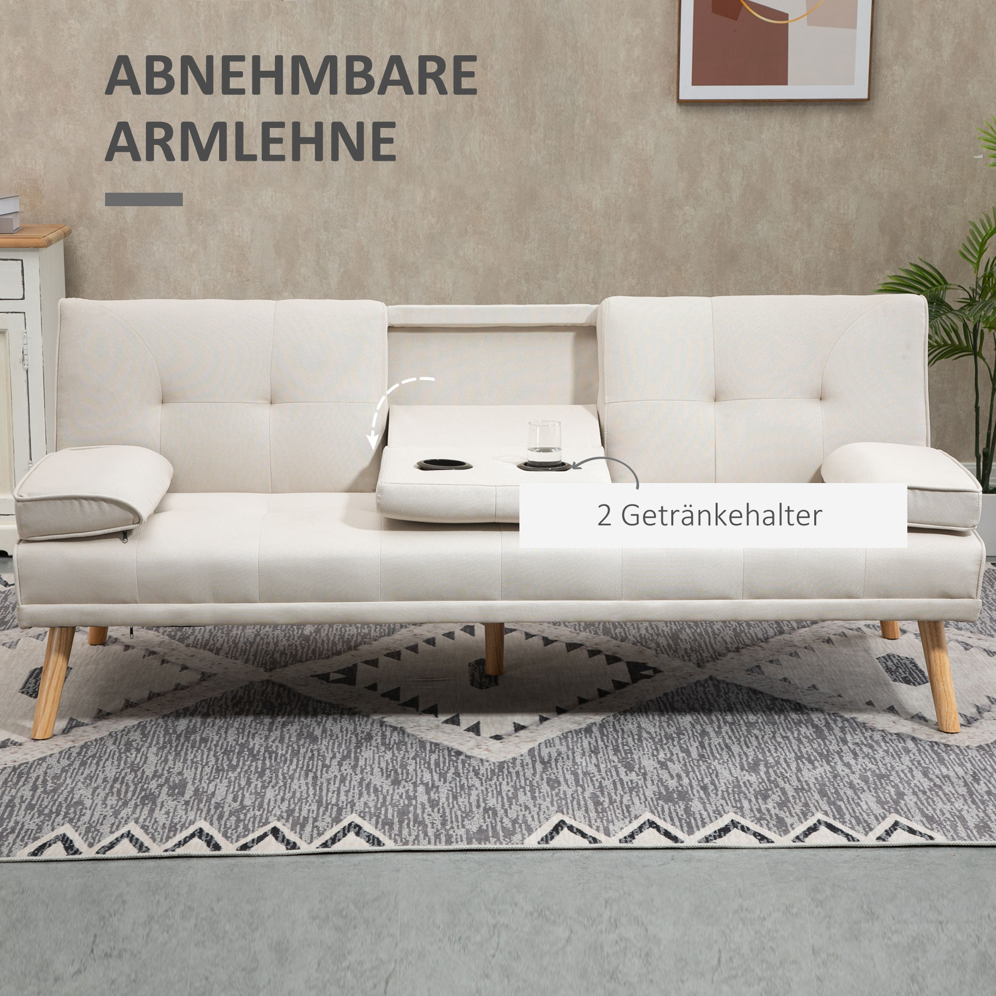 HOMCOM Slaapbank 3-zits, verstelbare rugleuning met inklaptafel, twee armkussens, linnenlook, beige, 181 x 77 x 78 cm