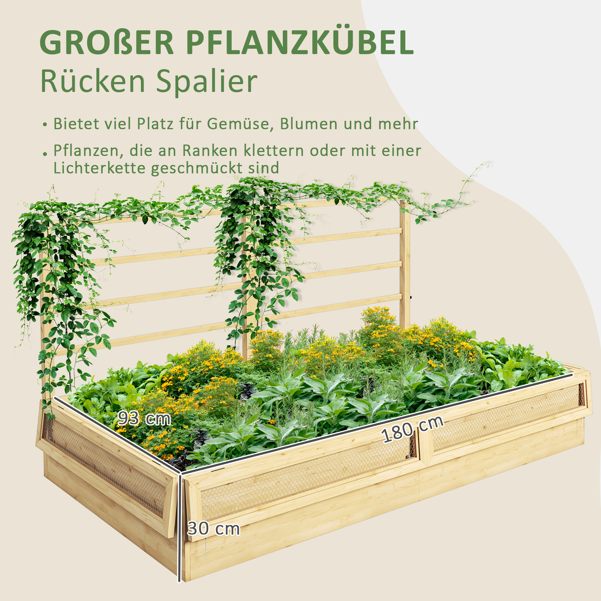 Outsunny Houten Plantenbak met Klimrek, Weerbestendig, 183 x 98,5 x 95 cm, Natuurlijk