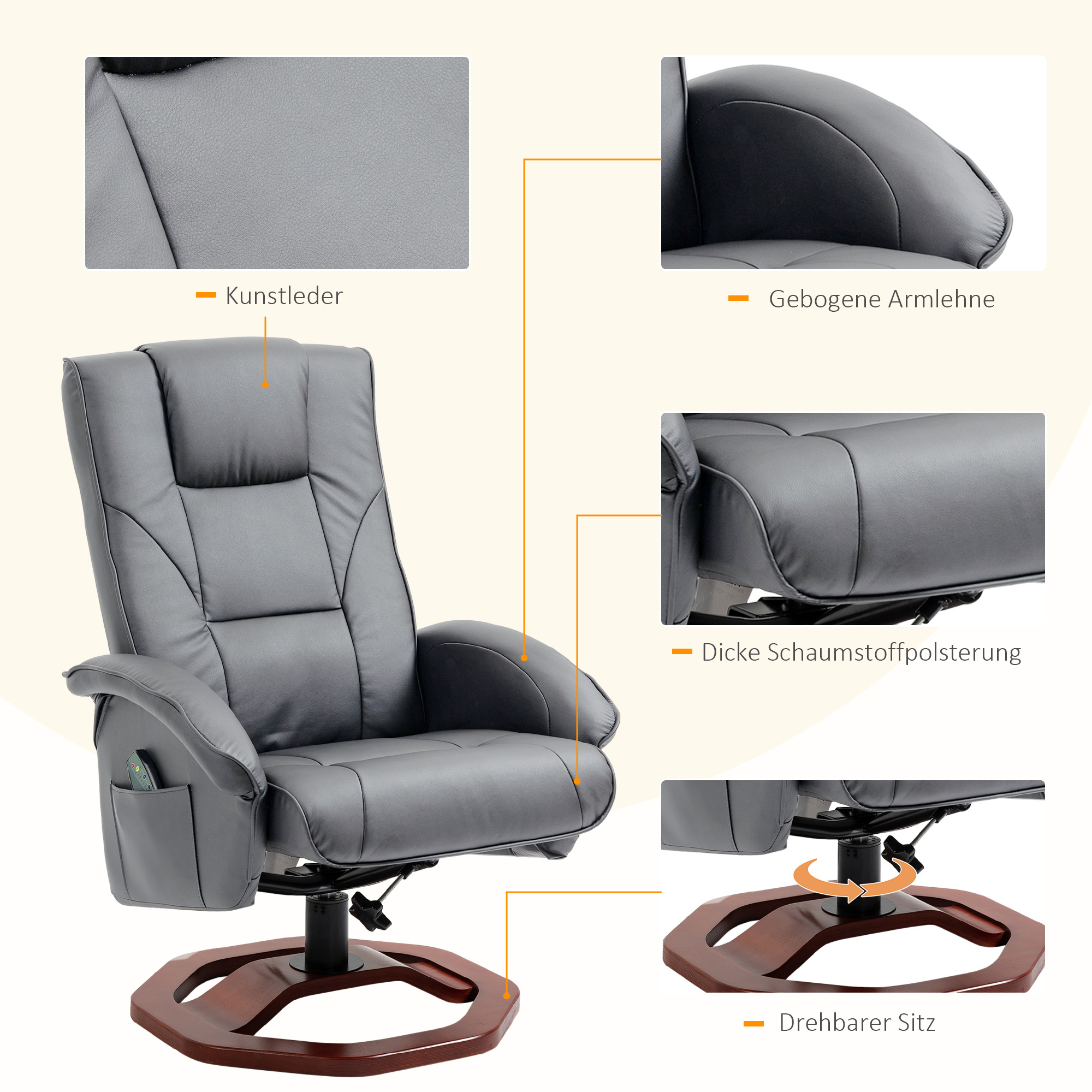 HOMCOM Massagestoel met Voetenbank, Verstelbaar, Afstandsbediening, Draaibaar, Leatherlook, tot 150 kg, Donkergrijs