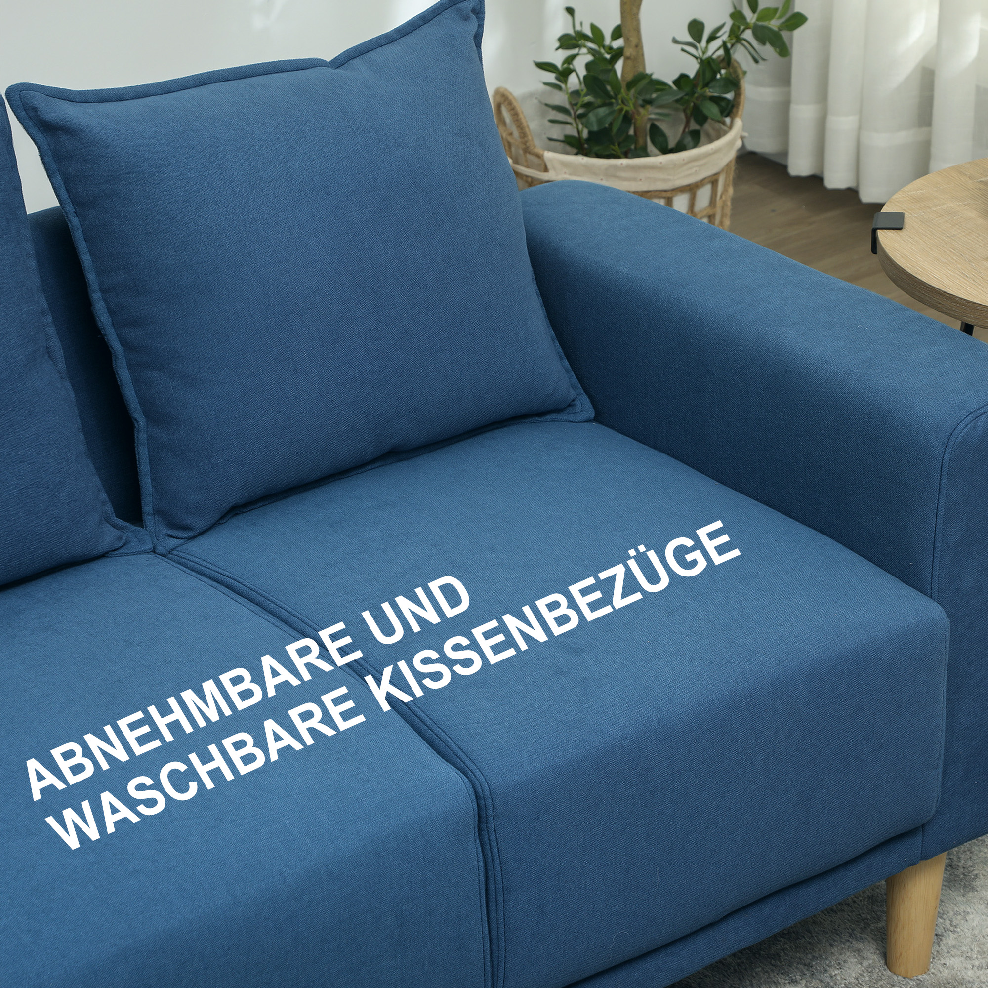 HOMCOM Tweezitsbank, Moderne Stoffen Bank, 2 Rugkussens, Eucalyptus-Houten Frame, 133 x 73 x 81 cm, Blauw