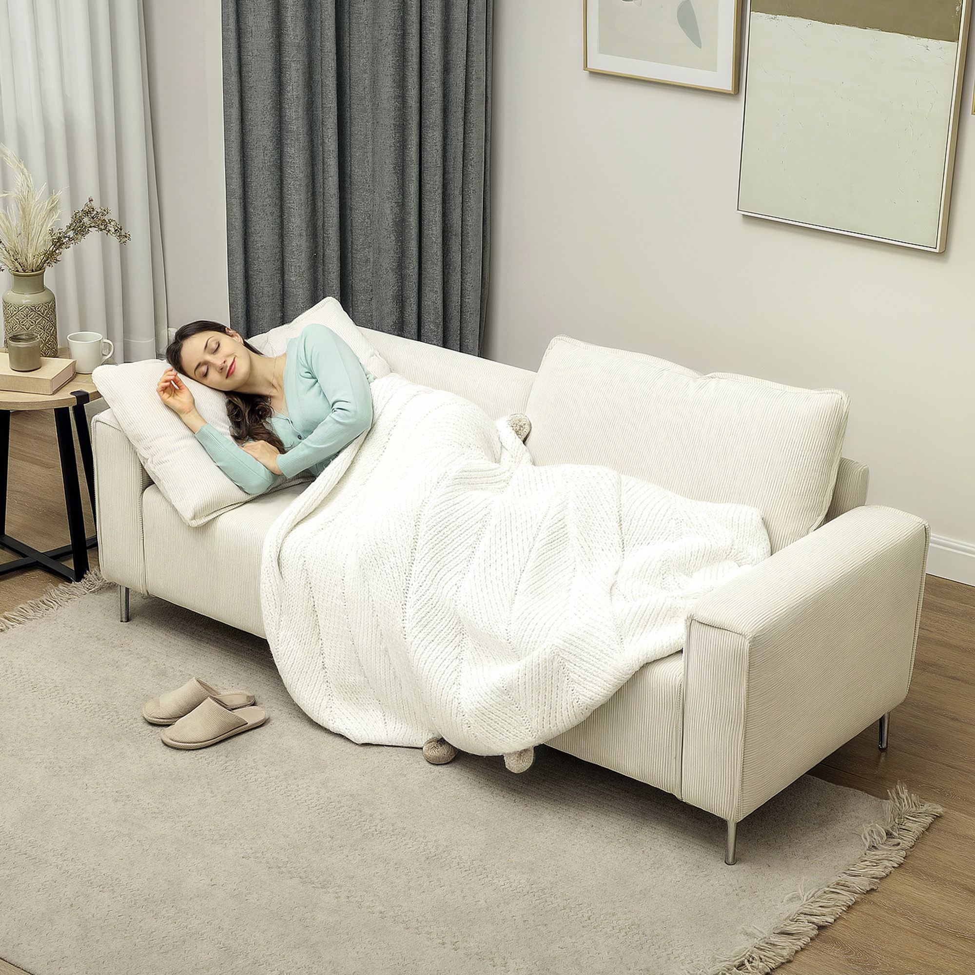 HOMCOM Modern 3-zits bank, Zachte bank met rugkussens, Gepolsterde sofa voor woonkamer, slaapkamer, thuiskantoor, Crèmewit