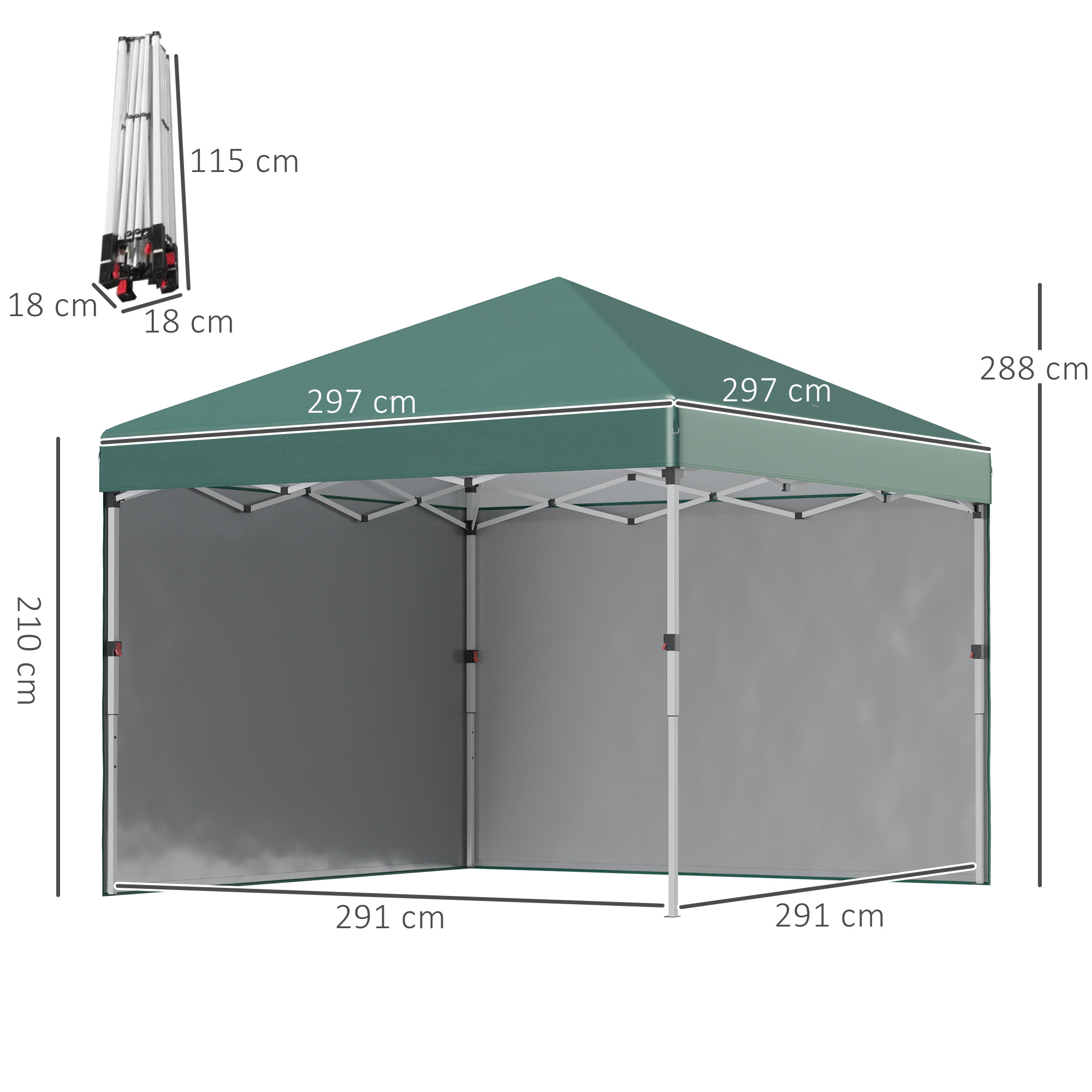 Outsunny Opvouwbare Paviljoen, 2 Zijwanden, Hoogteverstelbaar, Inclusief Transporttas, Roestvrij Stalen Frame, 3 x 3 m, Groen