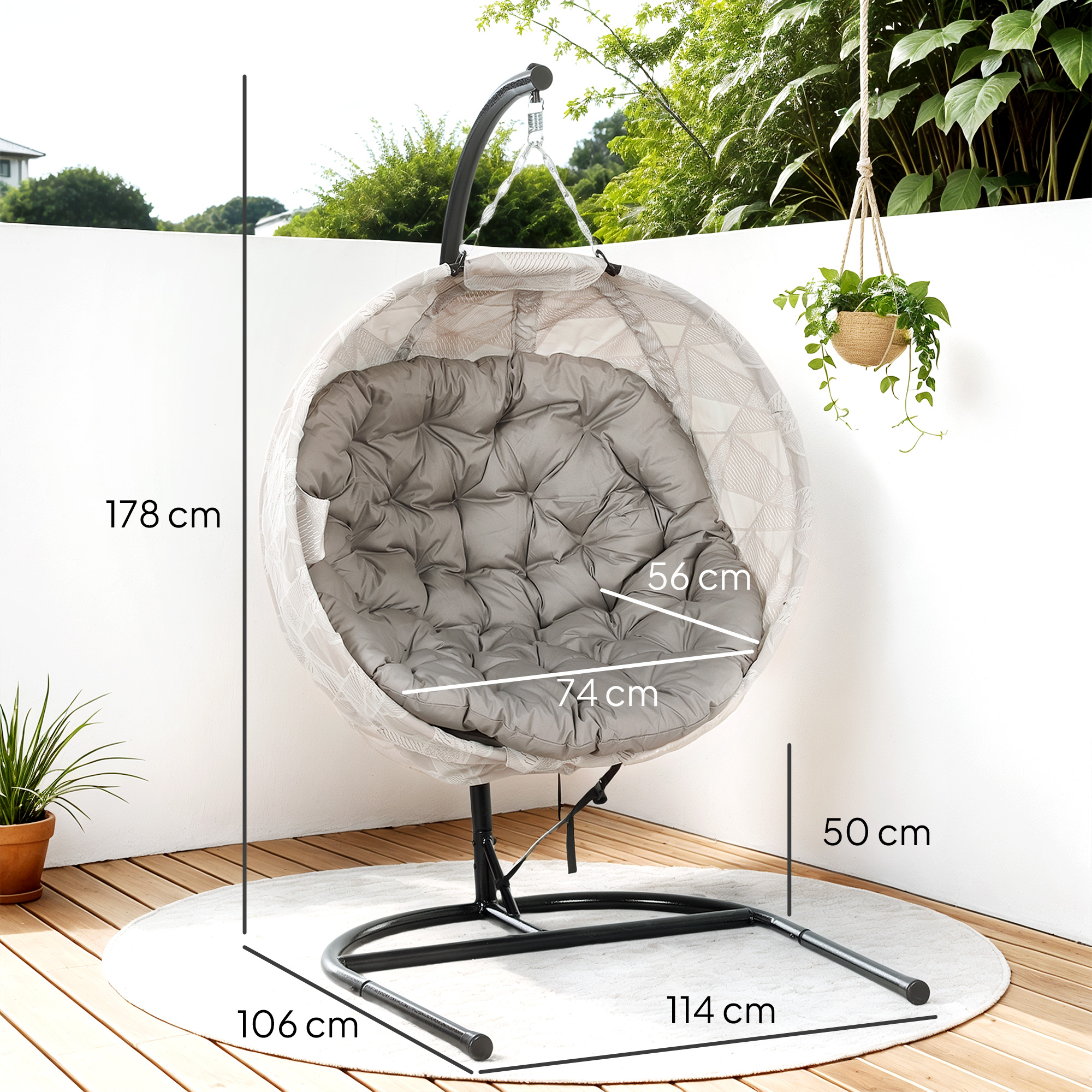 Outsunny Eivormige hangmand, hangstoel met schommelfunctie en opvouwbare mand, tuinstoel, bekerhouder, Zandbruin