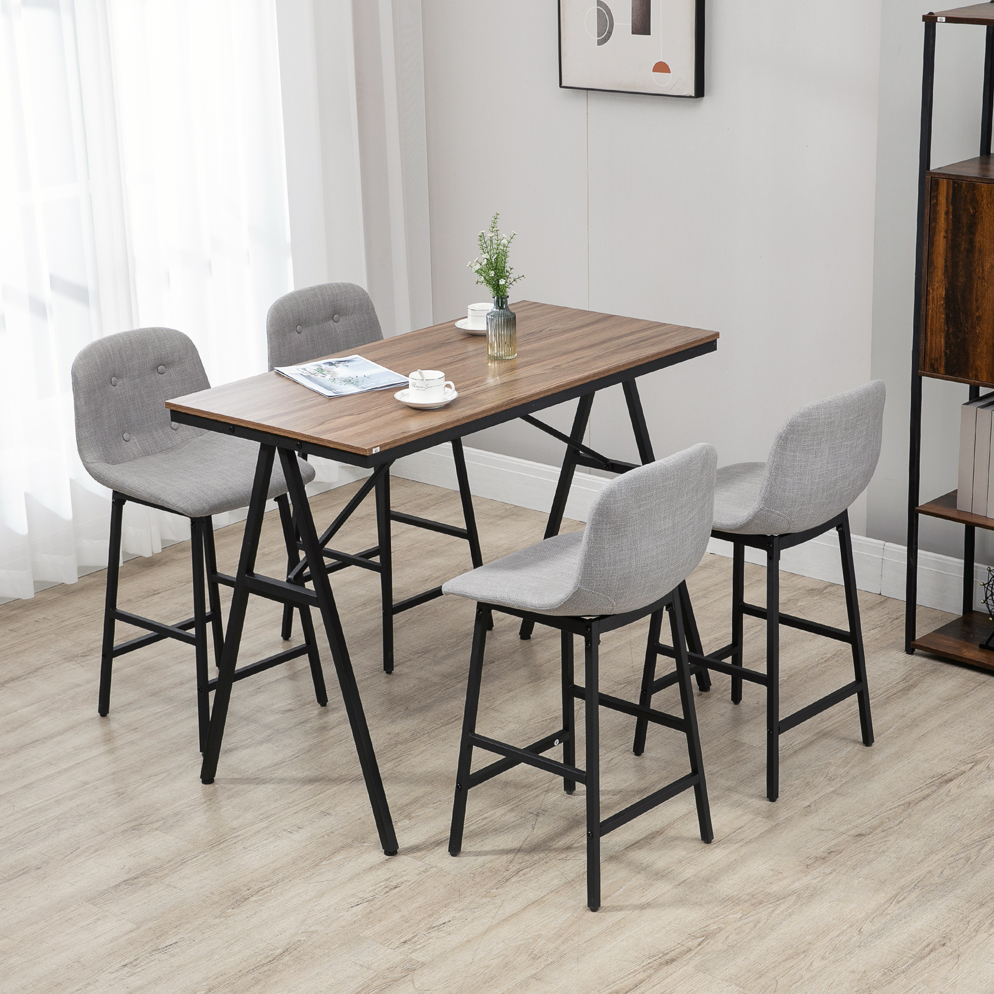 HOMCOM 5-delige Bargarnituur, Tafel en 4 Stoelen, Knoopafwerking, Dikke Bekleding, Linnenlook, Grijs