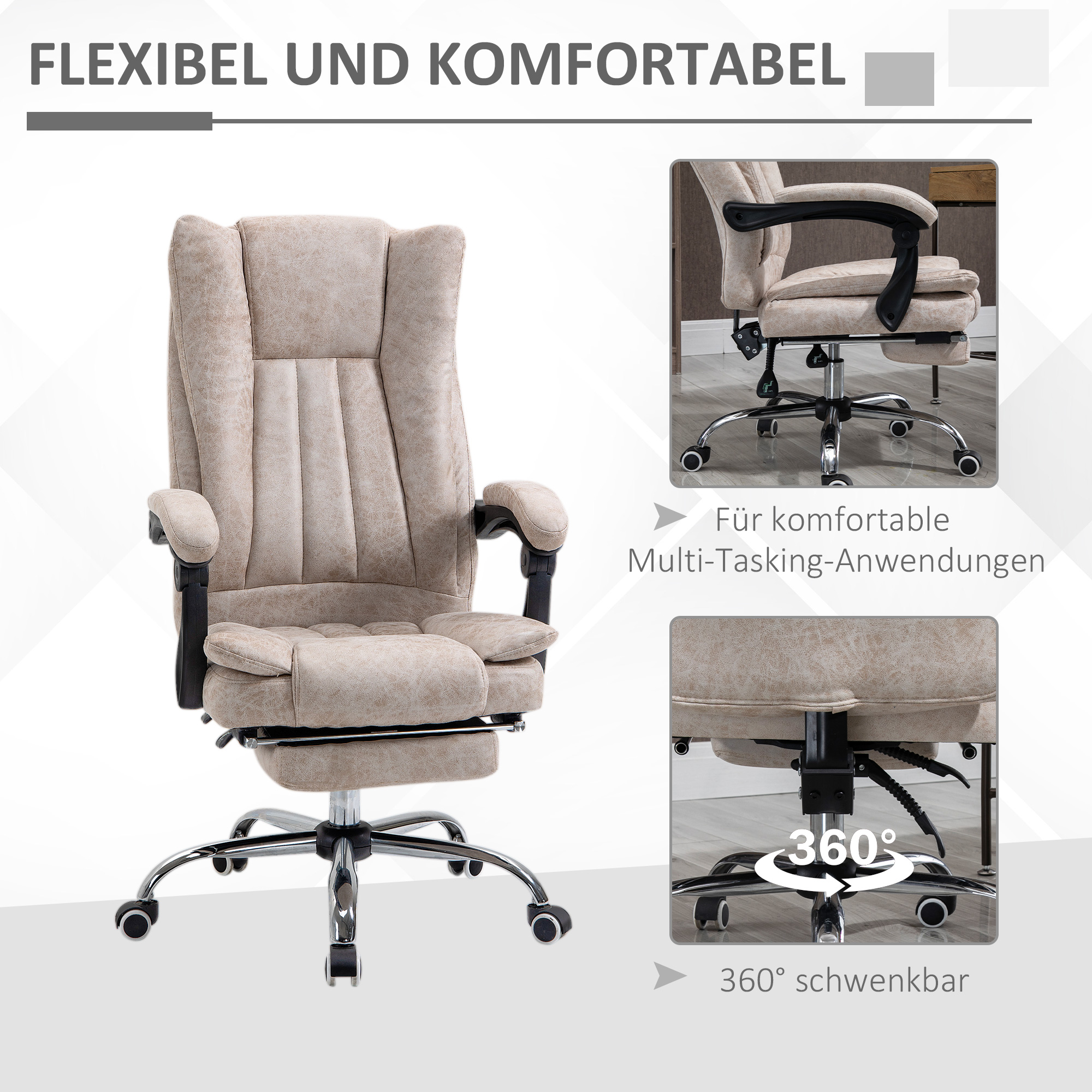 Vinsetto kantoorstoel draaistoel met ligfunctie voetensteun bureaustoel hoogteverstelling zitting stoel bureaustoel microvezel kunststof metaal nylon zwart + beige 63 x 71 x 118 cm