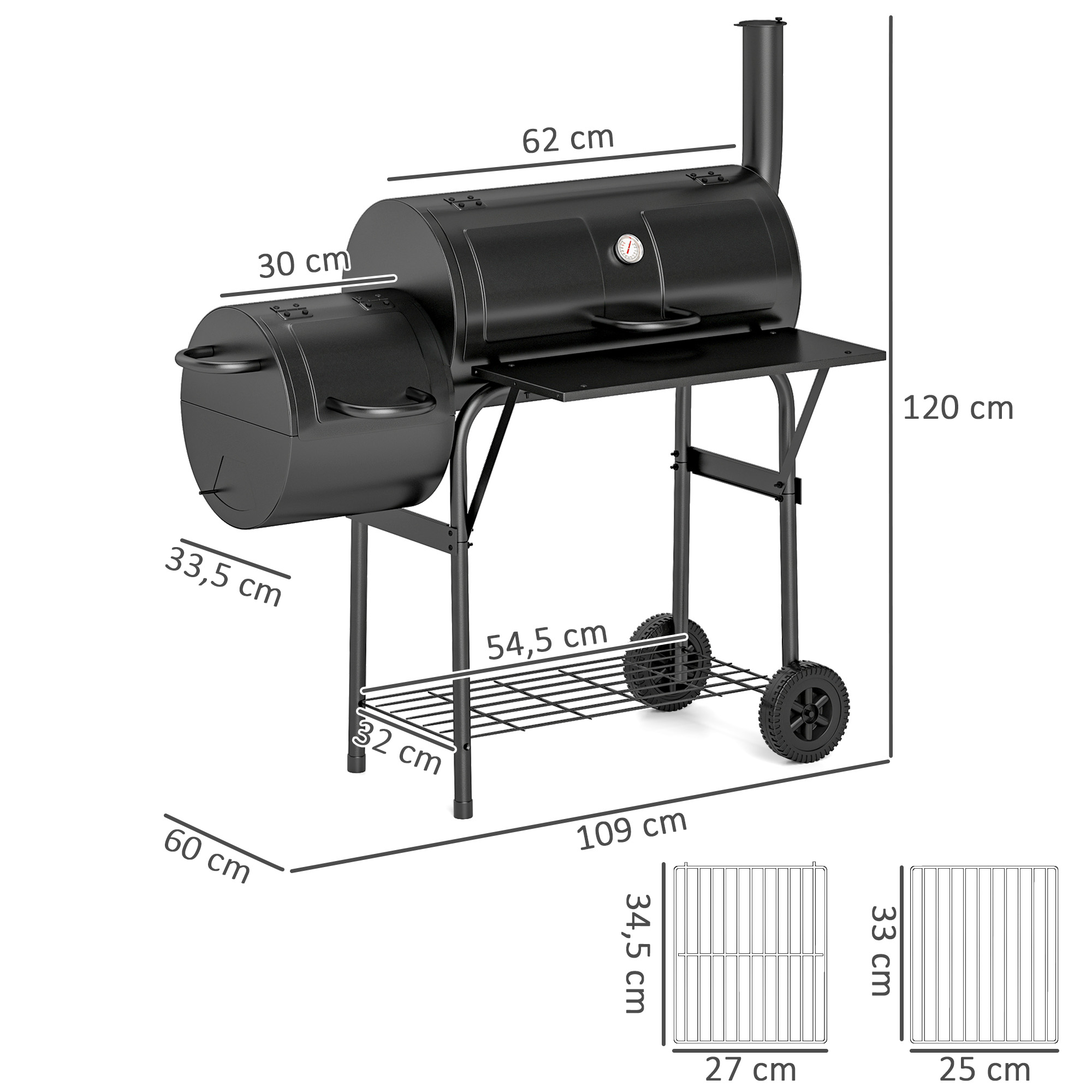 Outsunny Stalen Houtskoolgrill BBQ Smoker met Deksel, Thermometer, Wielen, Luchttoevoer, Kolenbak
