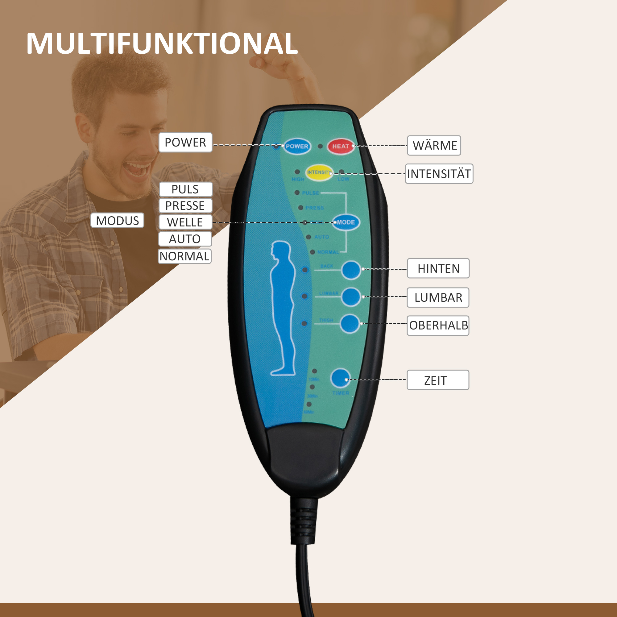 Vinsetto Bureaustoel met Massagefunctie, Ergonomische Schreibtischstoel met Ligfunctie, Verwarmingsfunctie en Zijzak, Crèmewit