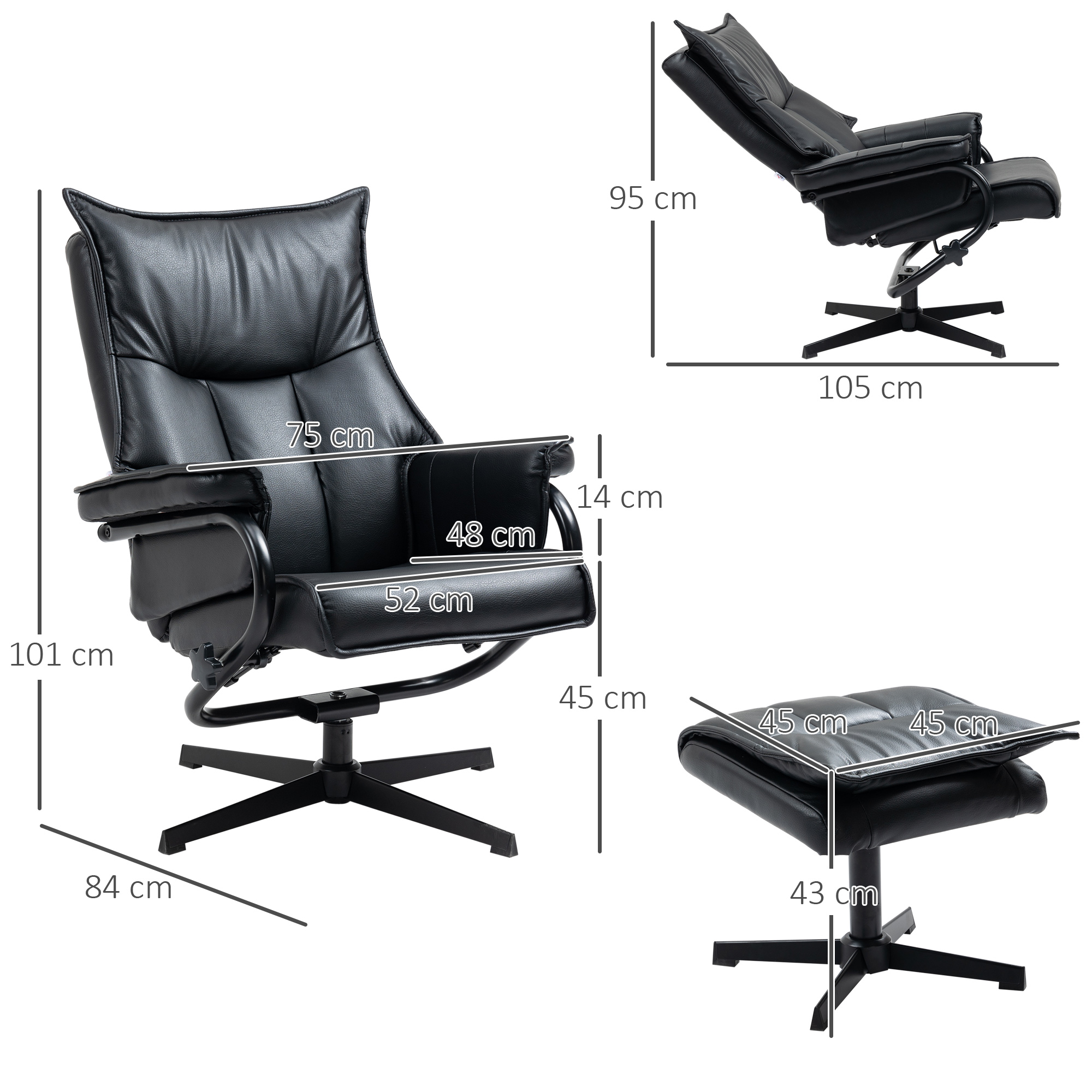 Homcom relaxfauteuil met kruk, draaibaar, verstelbare rugleuning, stalen frame, zwart