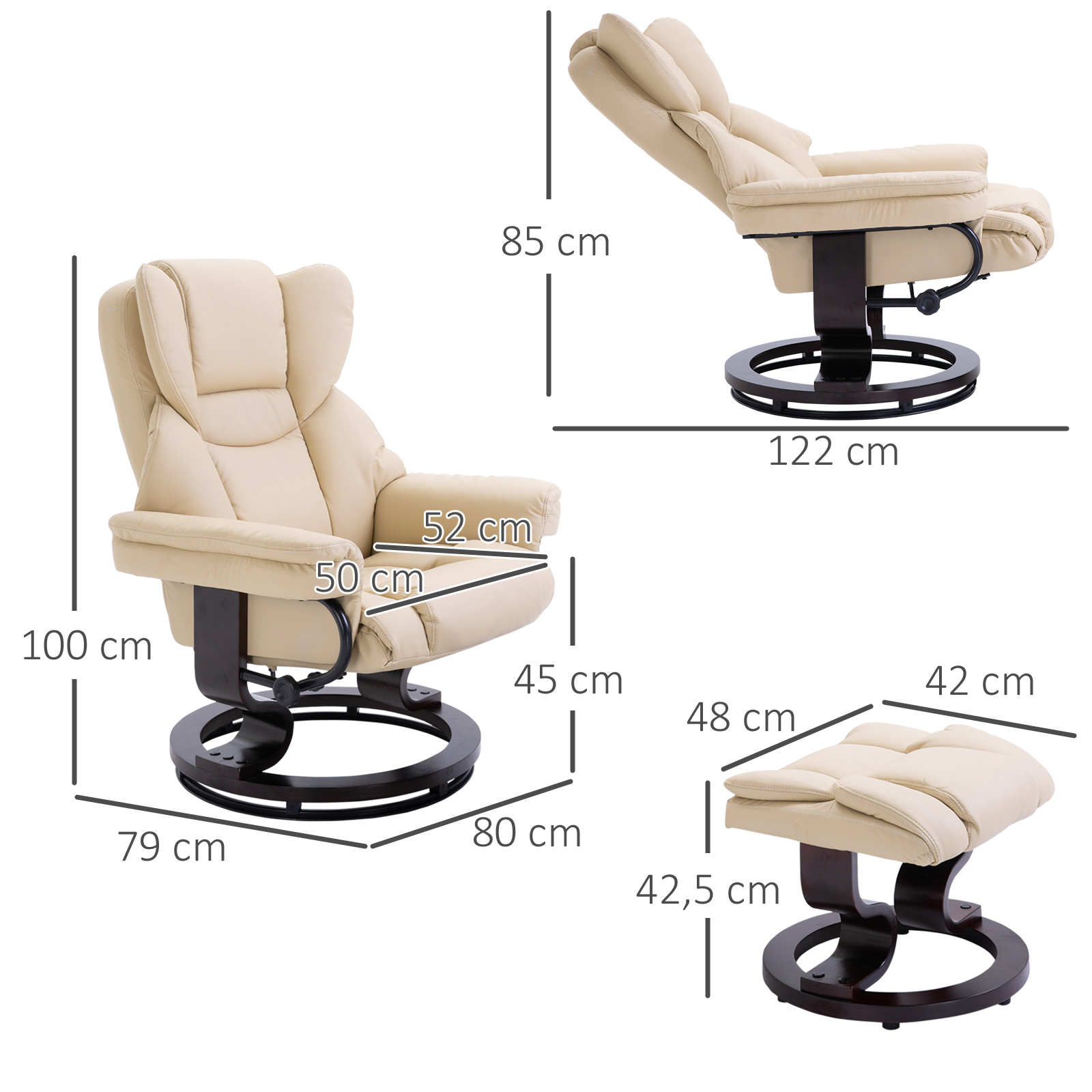 HOMCOM Fauteuil met kruk, ligfunctie, draaibaar, tot 160 kg, kunstleer, metalen frame, crème, 80 x 79 x 100 cm
