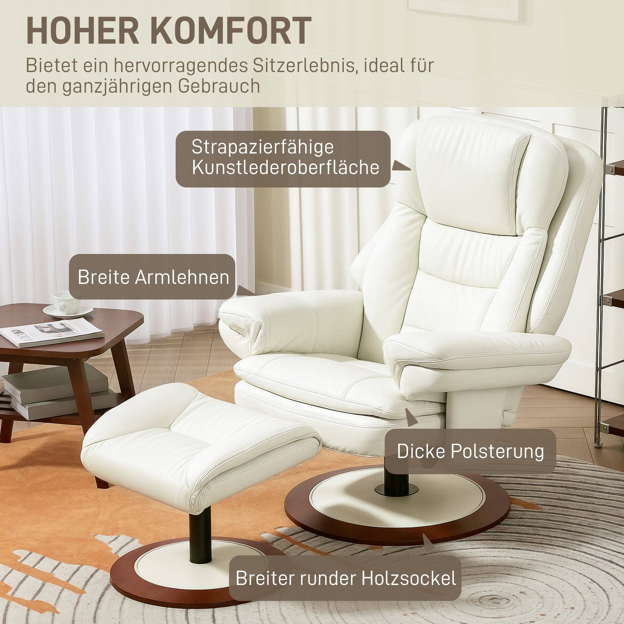 HOMCOM Relaxfauteuil met Voetenbank, 360° Draaibaar, Ergonomisch, Kunstleer, 94 x 98 x 104 cm, Crèmewit