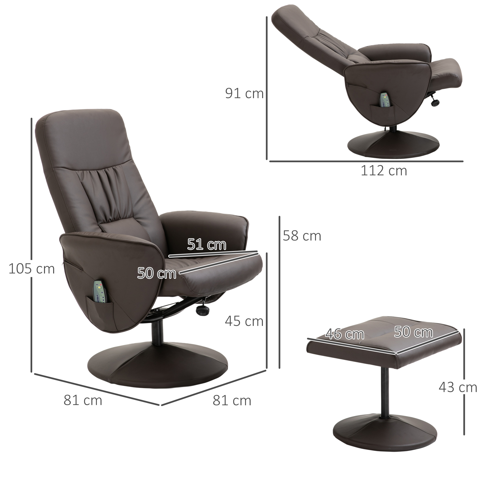 HOMCOM massagestoel met voetenbank 145° helling bruin