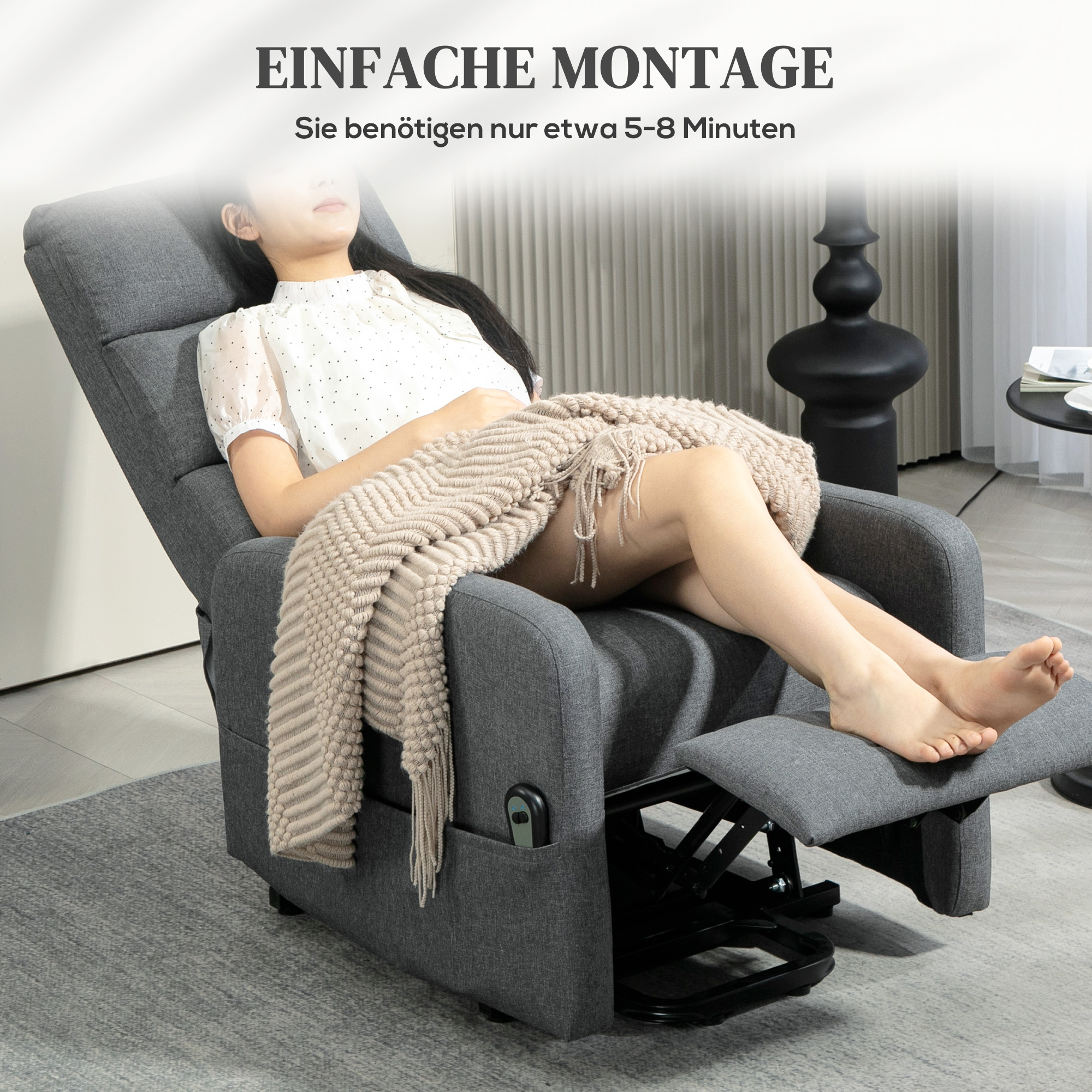 HOMCOM Elektrische Relaxstoel met Opstaanhulp, Afstandsbediening, Zacht Schuim, Zijvak, Bekleding in Linnenlook, Grijs