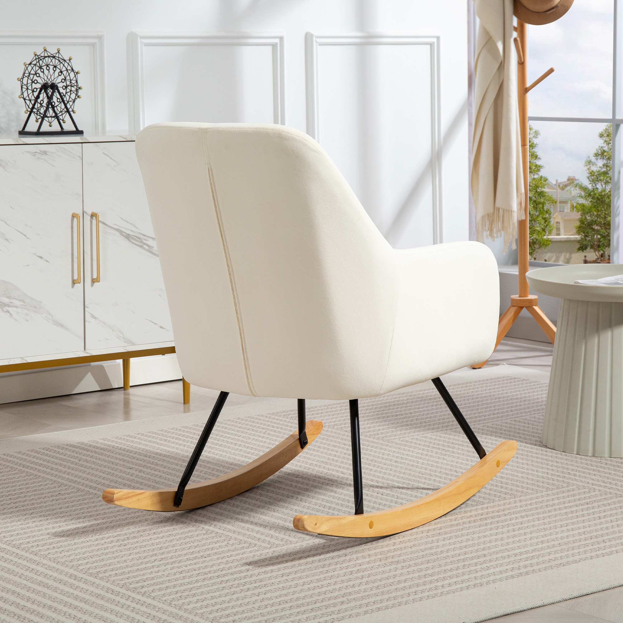 HOMCOM Schommelstoel, Zacht Fluweel Look Bekleding, Dikke Kussenvulling, Brede Rugleuning, Crèmewit