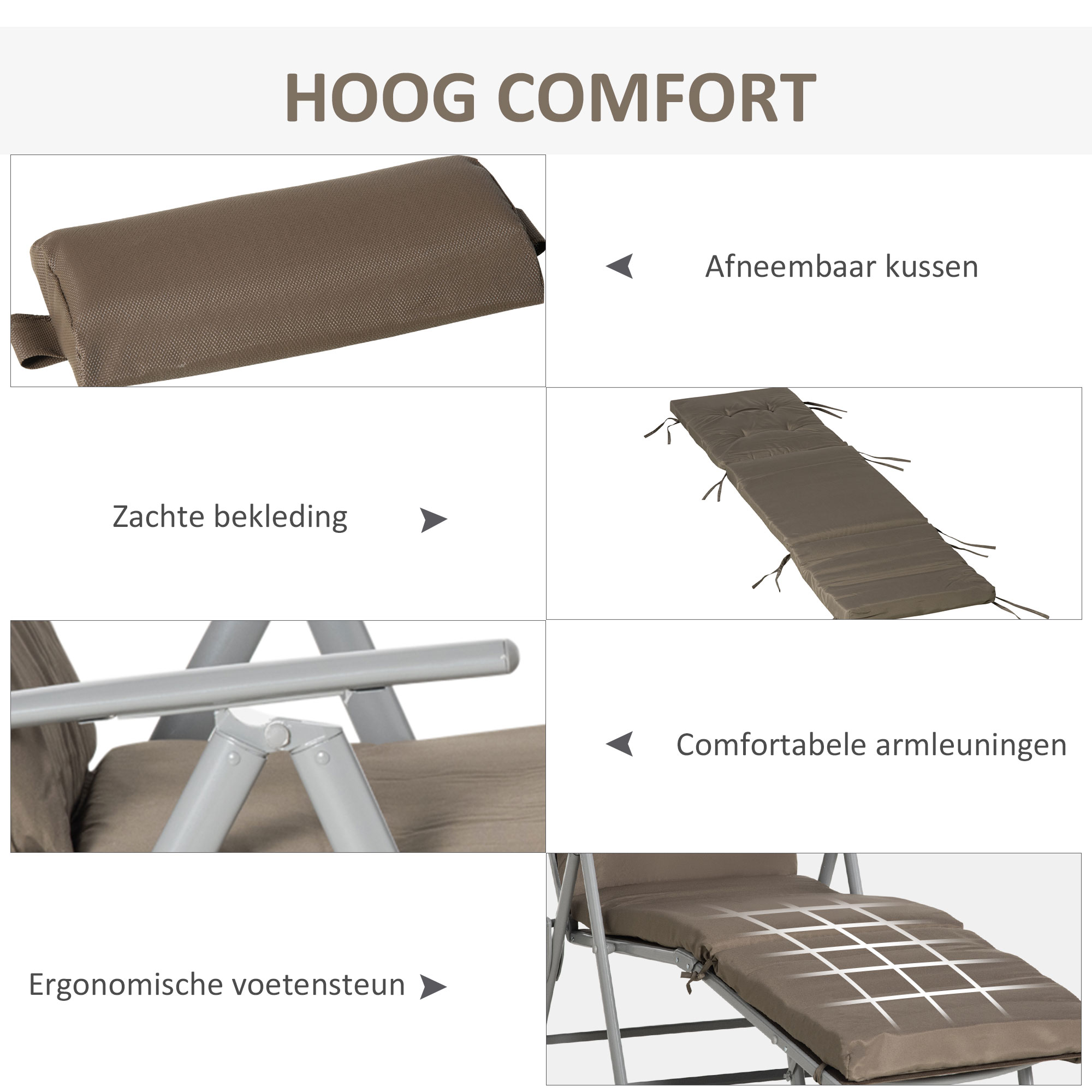 Outsunny Inklapbaar Ligbed Tuin Metalen Frame, Comfortabele Ligstoel Met Kussens, bruin